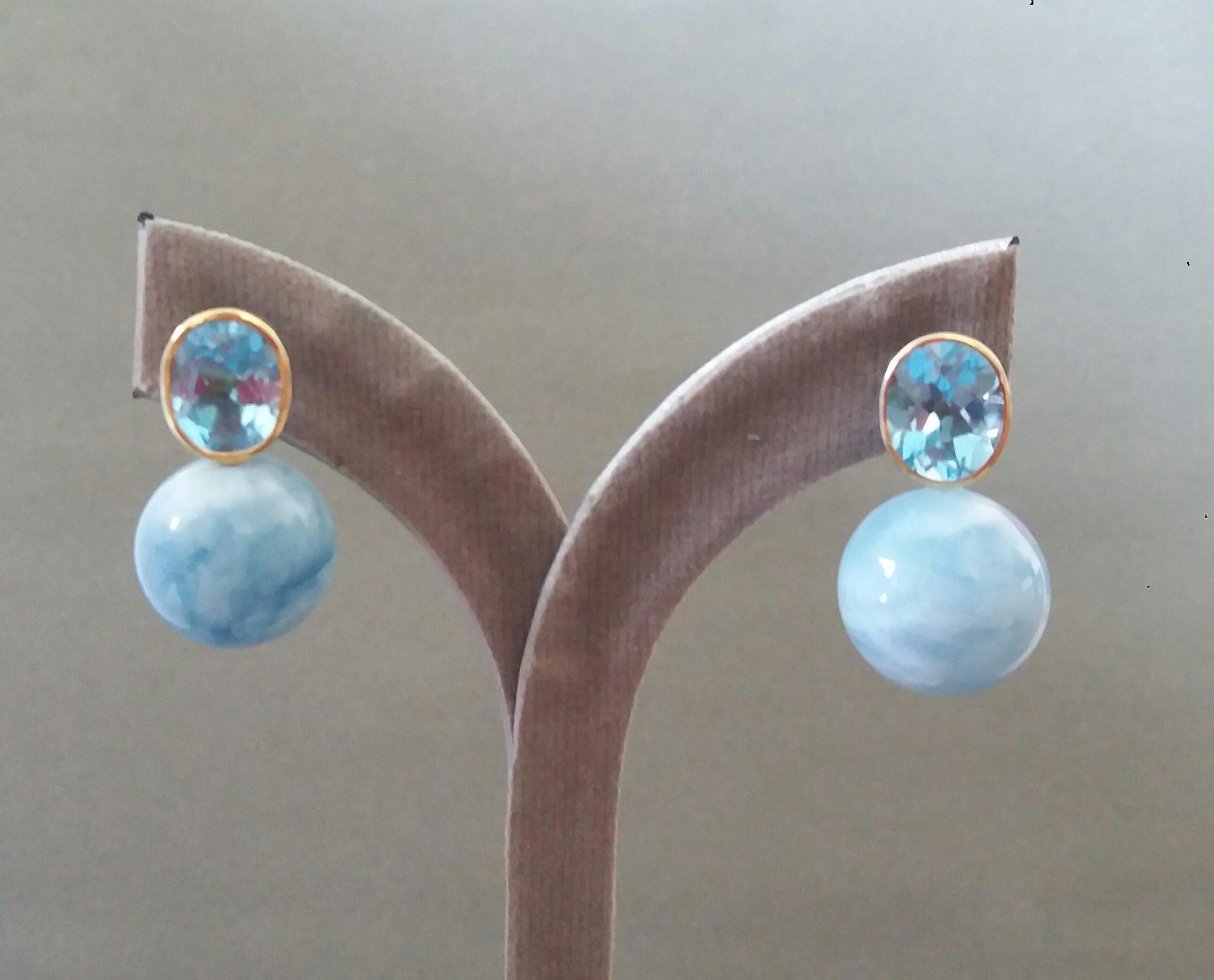 Boucles d'oreilles Topaze bleu ciel ovale facettée Or 14k Aigue-marine Plain Round Beads en vente 7