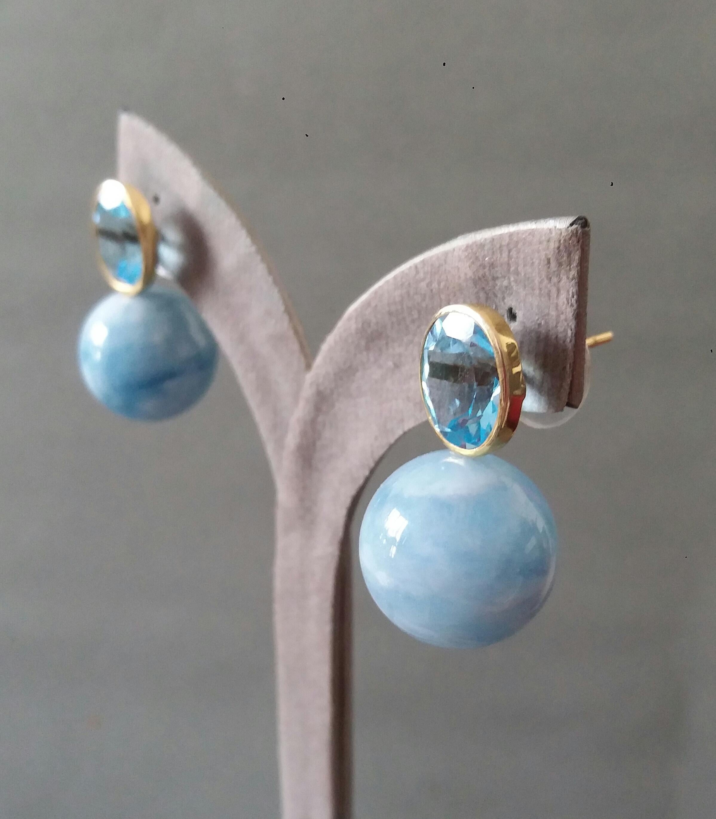 Oval Faceted Sky Blue Topaz 14k Gold Aquamarine Plain Round Beads Stud Earrings 8