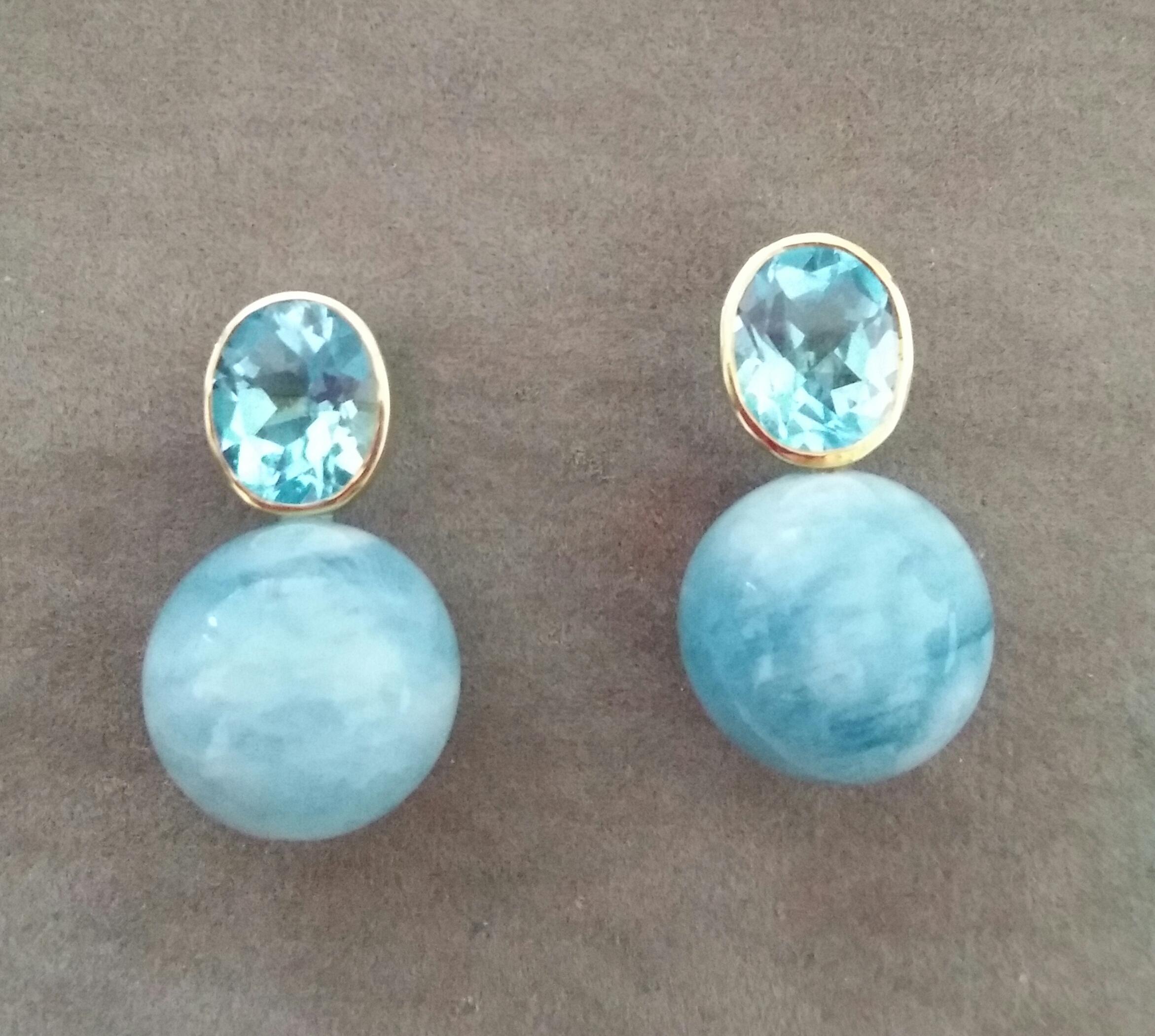 Oval Faceted Sky Blue Topaz 14k Gold Aquamarine Plain Round Beads Stud Earrings 11