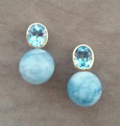 Oval Faceted Sky Blue Topaz 14k Gold Aquamarine Plain Round Beads Stud Earrings
