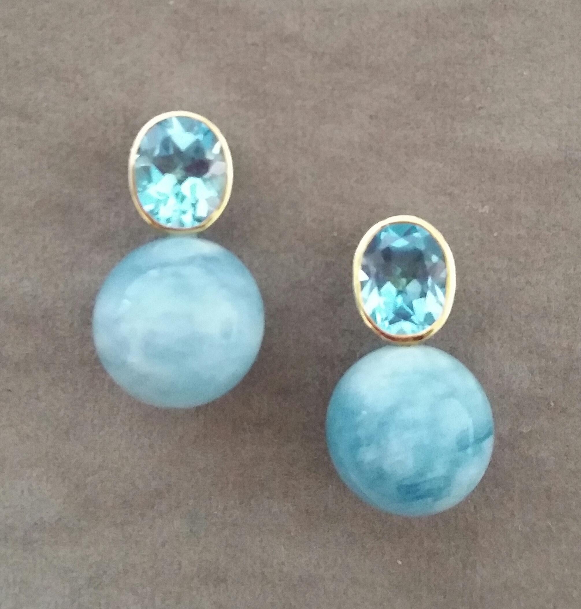 These simple but elegant and completely handmade earrings have 2 Oval Faceted Sky Blue Topaz measuring 8x 10 mm set in 14 Kt yellow gold bezel at the top to which are suspended 2 Aquamarine Plain Round Beads measuring  16 mm in diameter.
In 1978 our