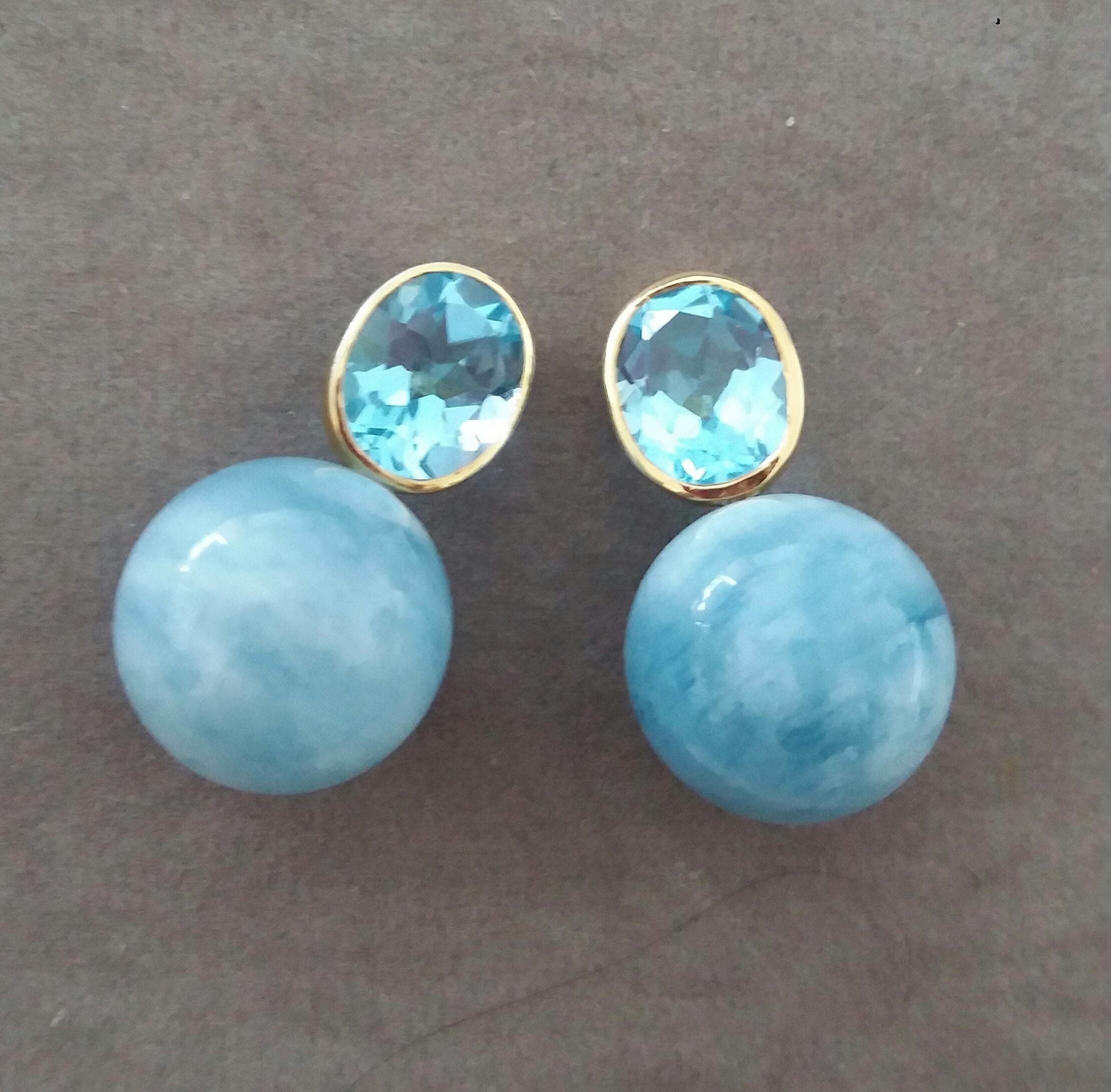 Contemporary Oval Faceted Sky Blue Topaz 14k Gold Aquamarine Plain Round Beads Stud Earrings For Sale