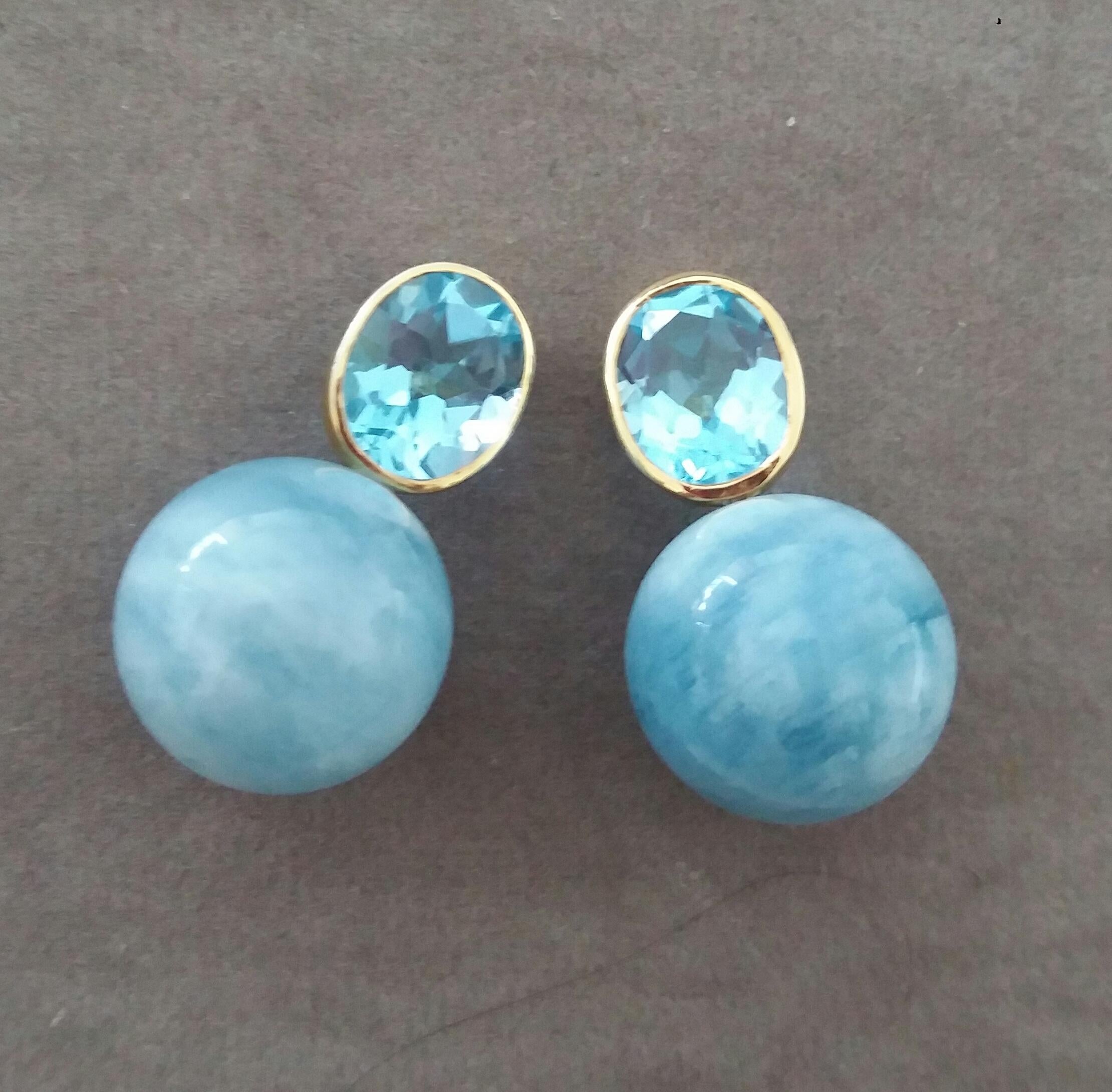 Contemporain Boucles d'oreilles Topaze bleu ciel ovale facettée Or 14k Aigue-marine Plain Round Beads en vente