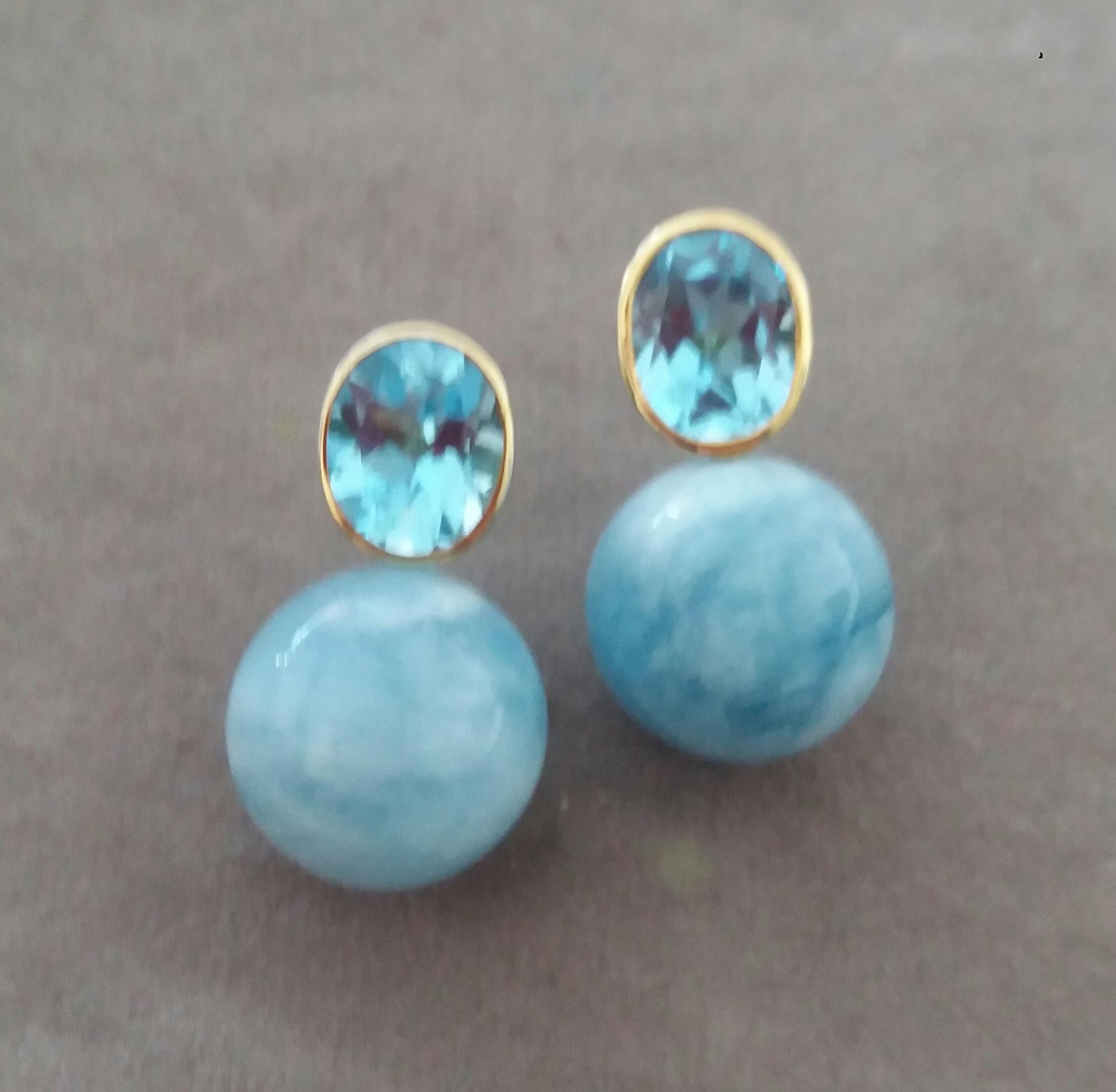 Mixed Cut Oval Faceted Sky Blue Topaz 14k Gold Aquamarine Plain Round Beads Stud Earrings