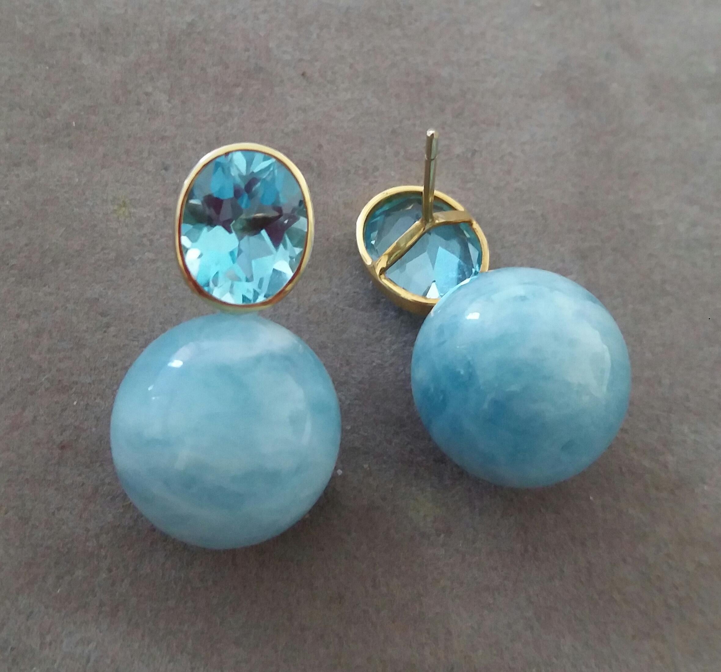 Oval Faceted Sky Blue Topaz 14k Gold Aquamarine Plain Round Beads Stud Earrings In Good Condition In Bangkok, TH
