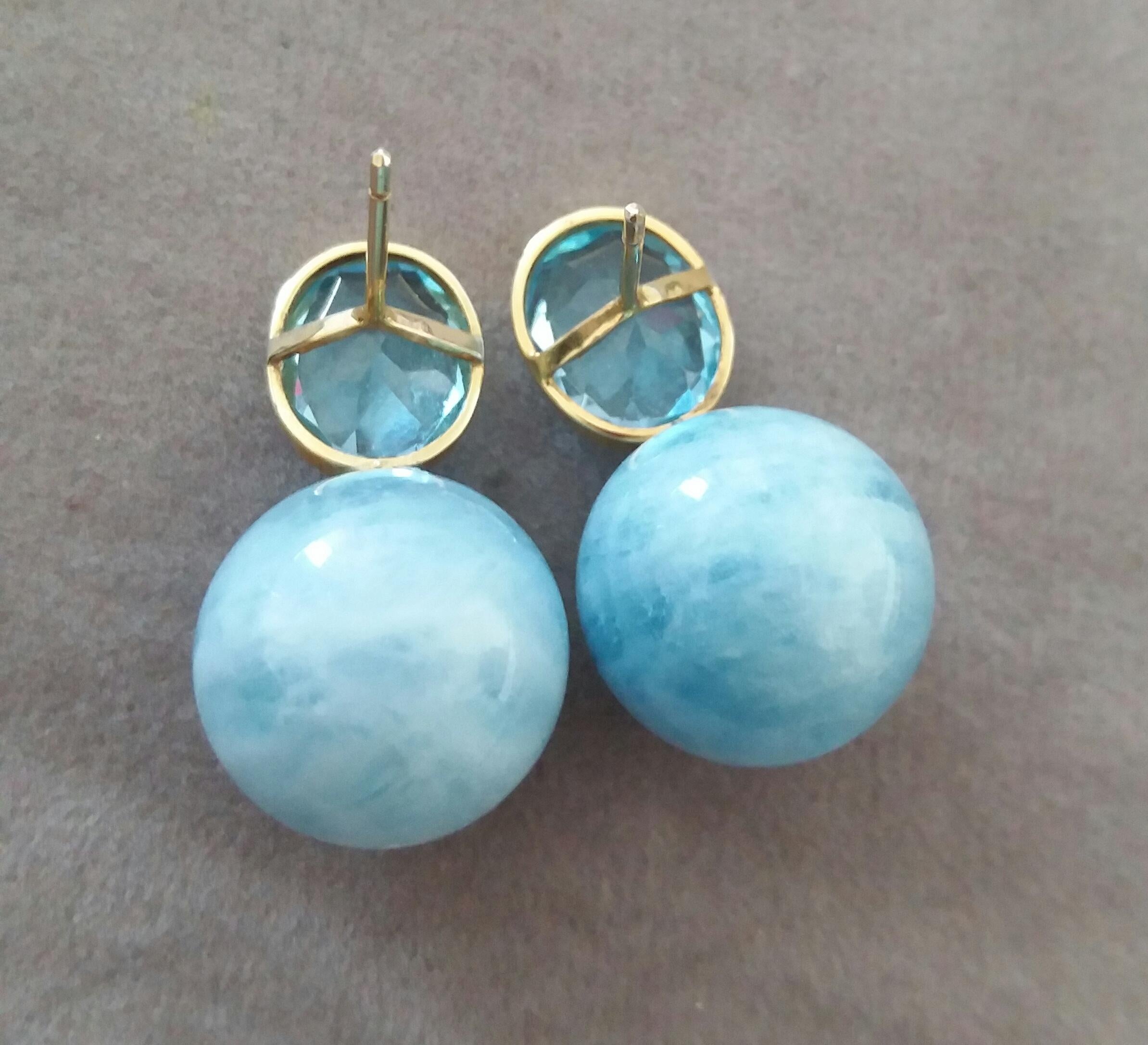 Women's Oval Faceted Sky Blue Topaz 14k Gold Aquamarine Plain Round Beads Stud Earrings