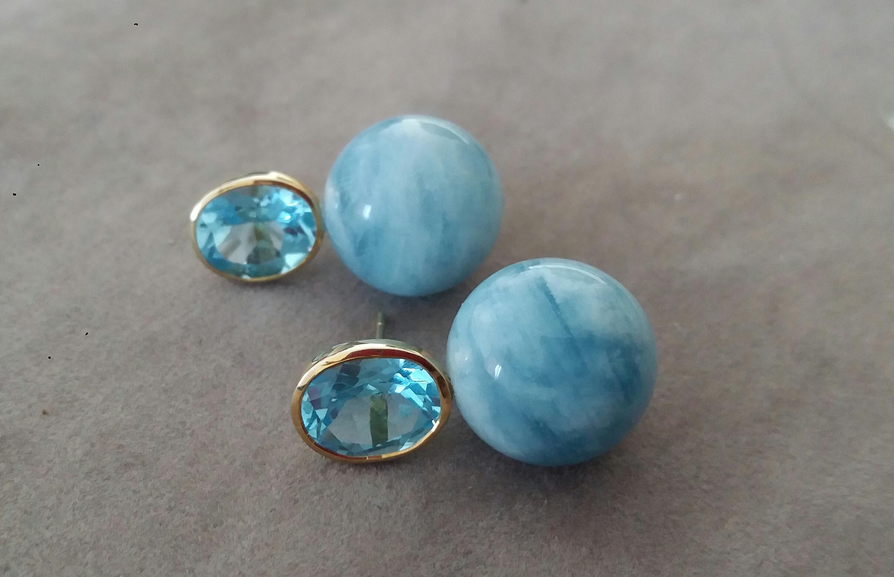 Oval Faceted Sky Blue Topaz 14k Gold Aquamarine Plain Round Beads Stud Earrings 1