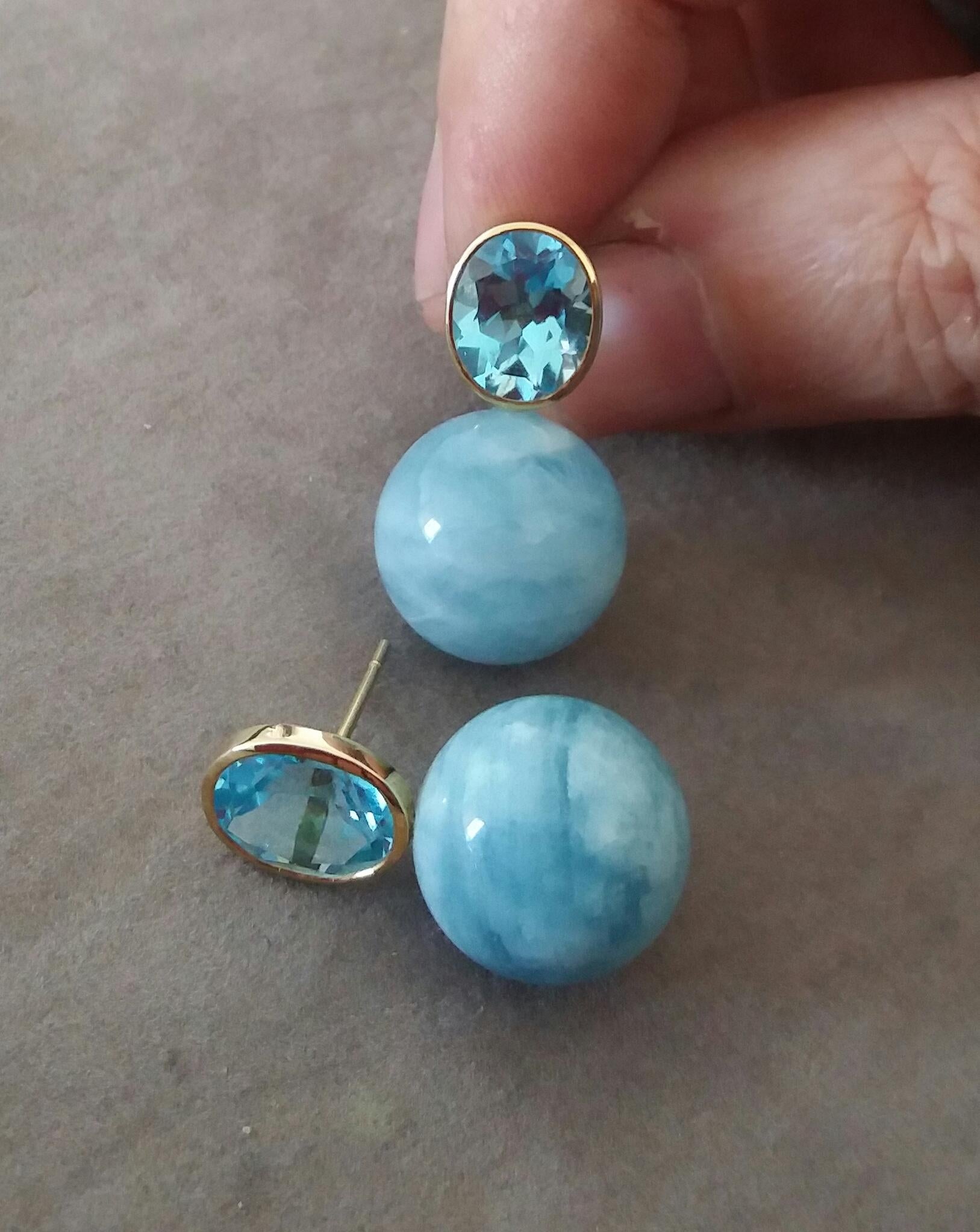 Boucles d'oreilles Topaze bleu ciel ovale facettée Or 14k Aigue-marine Plain Round Beads en vente 2