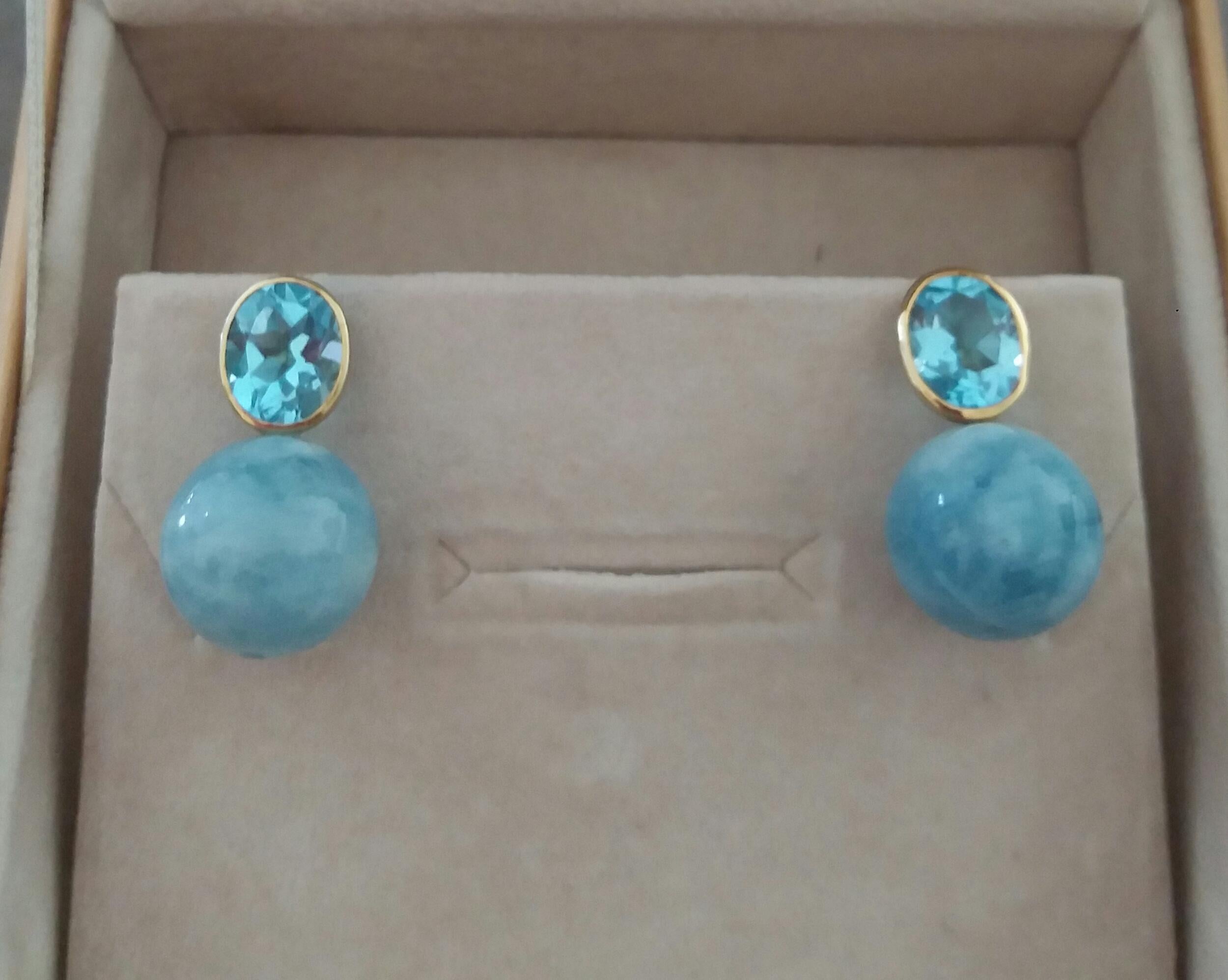 Oval Faceted Sky Blue Topaz 14k Gold Aquamarine Plain Round Beads Stud Earrings 3