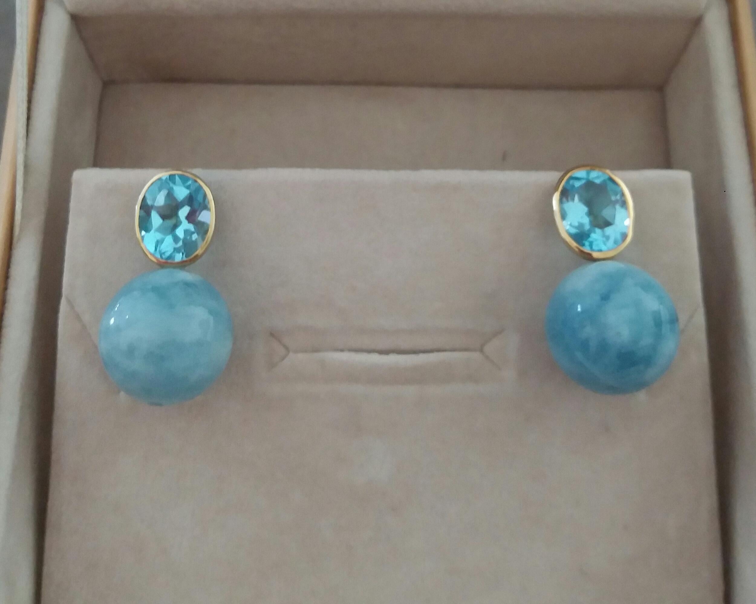 Boucles d'oreilles Topaze bleu ciel ovale facettée Or 14k Aigue-marine Plain Round Beads en vente 3