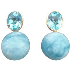Oval Faceted Sky Blue Topaz 14k Gold Aquamarine Plain Round Beads Stud Earrings