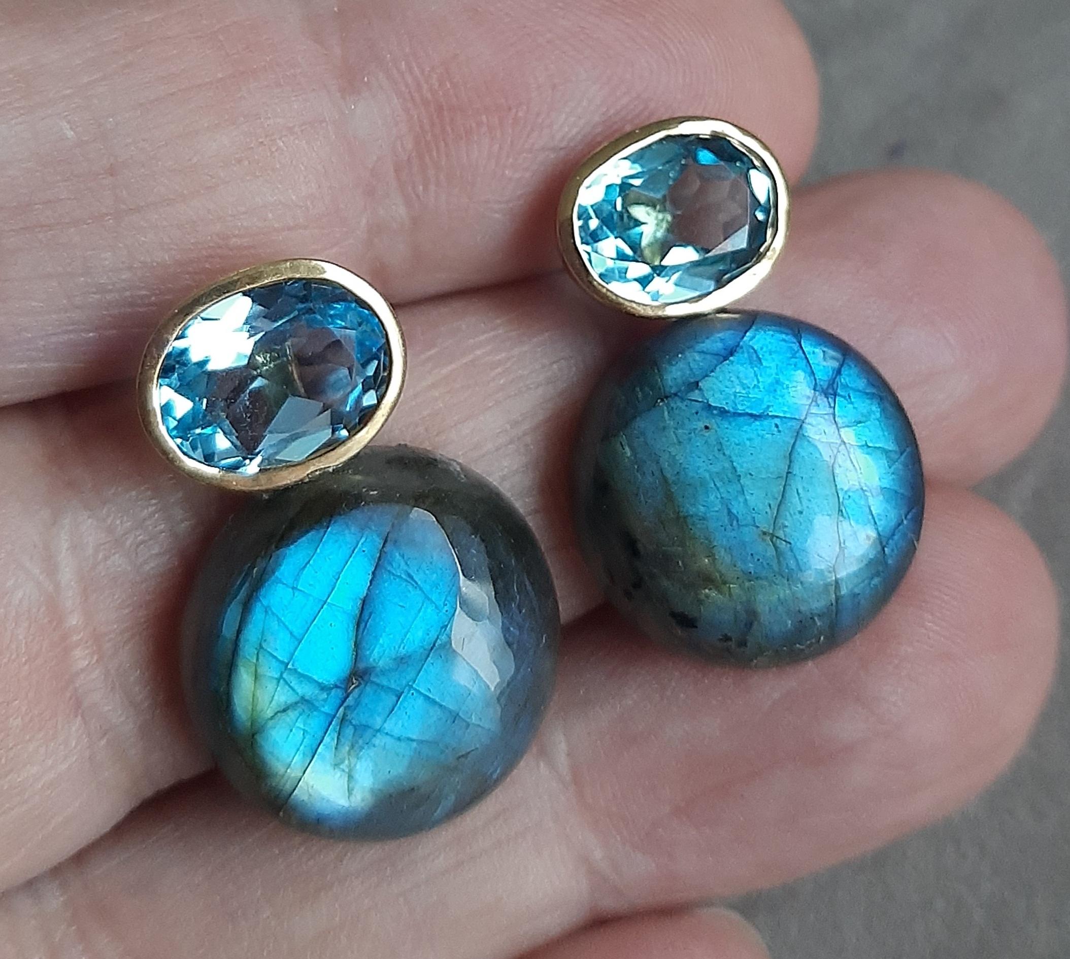 Donna Orecchino a bottone ovale sfaccettato in oro 14k con labradorite tonda e semplice in vendita