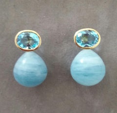 Oval Faceted Sky Blue Topaz 14K Yellow Gold Aquamarine Plain Round Drop Earrings