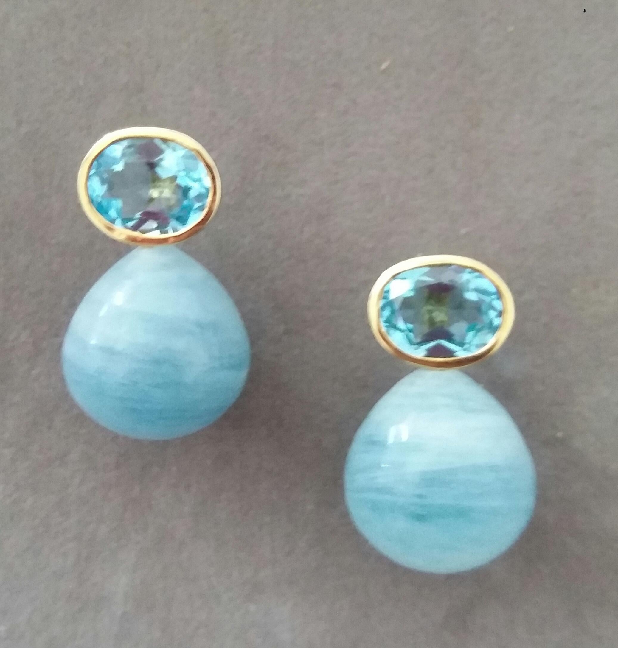 Ovaler facettierter Himmelblauer Topas 14K Gelbgold Aquamarin schlichte runde Tropfenohrringe (Arts and Crafts) im Angebot