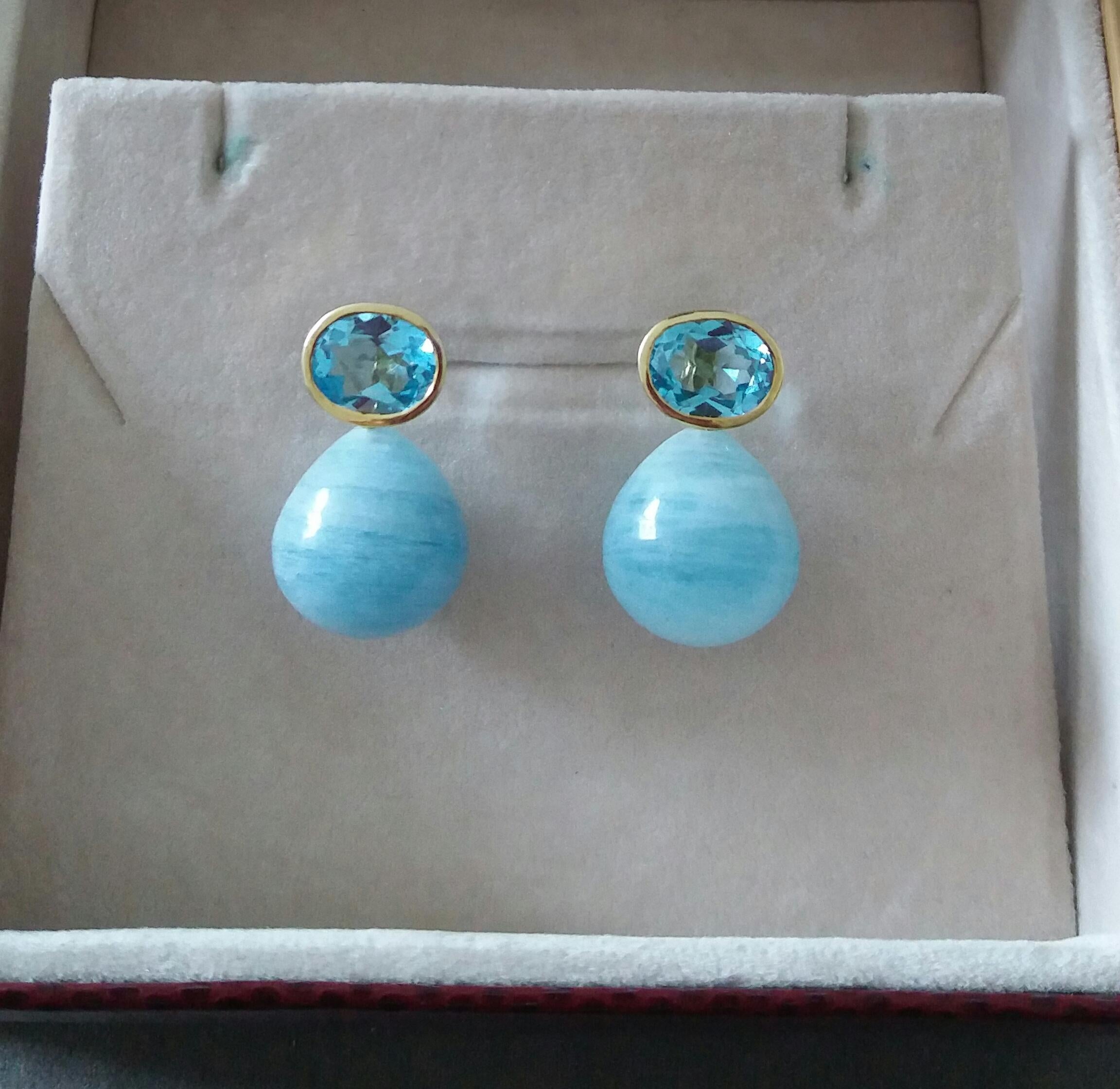 Ovaler facettierter Himmelblauer Topas 14K Gelbgold Aquamarin schlichte runde Tropfenohrringe im Angebot 3