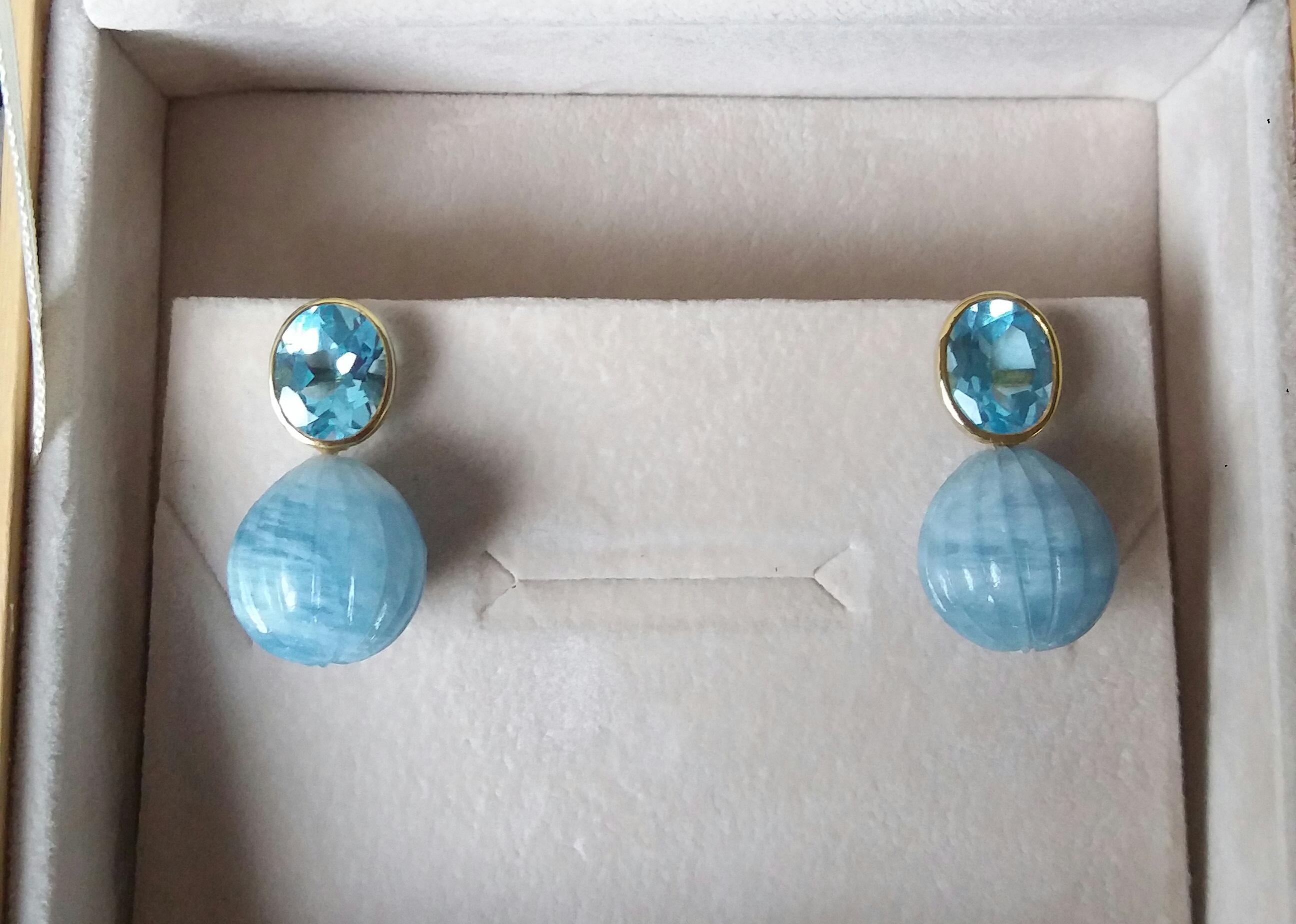 These simple but elegant and completely handmade earrings have 2 Oval Faceted Sky Blue Topaz measuring 8x 10 mm set in 14 Kt yellow gold bezel at the top to which are suspended 2 Aquamarine Engraved Round Drops measuring 15 x 15mm.
In 1978 our