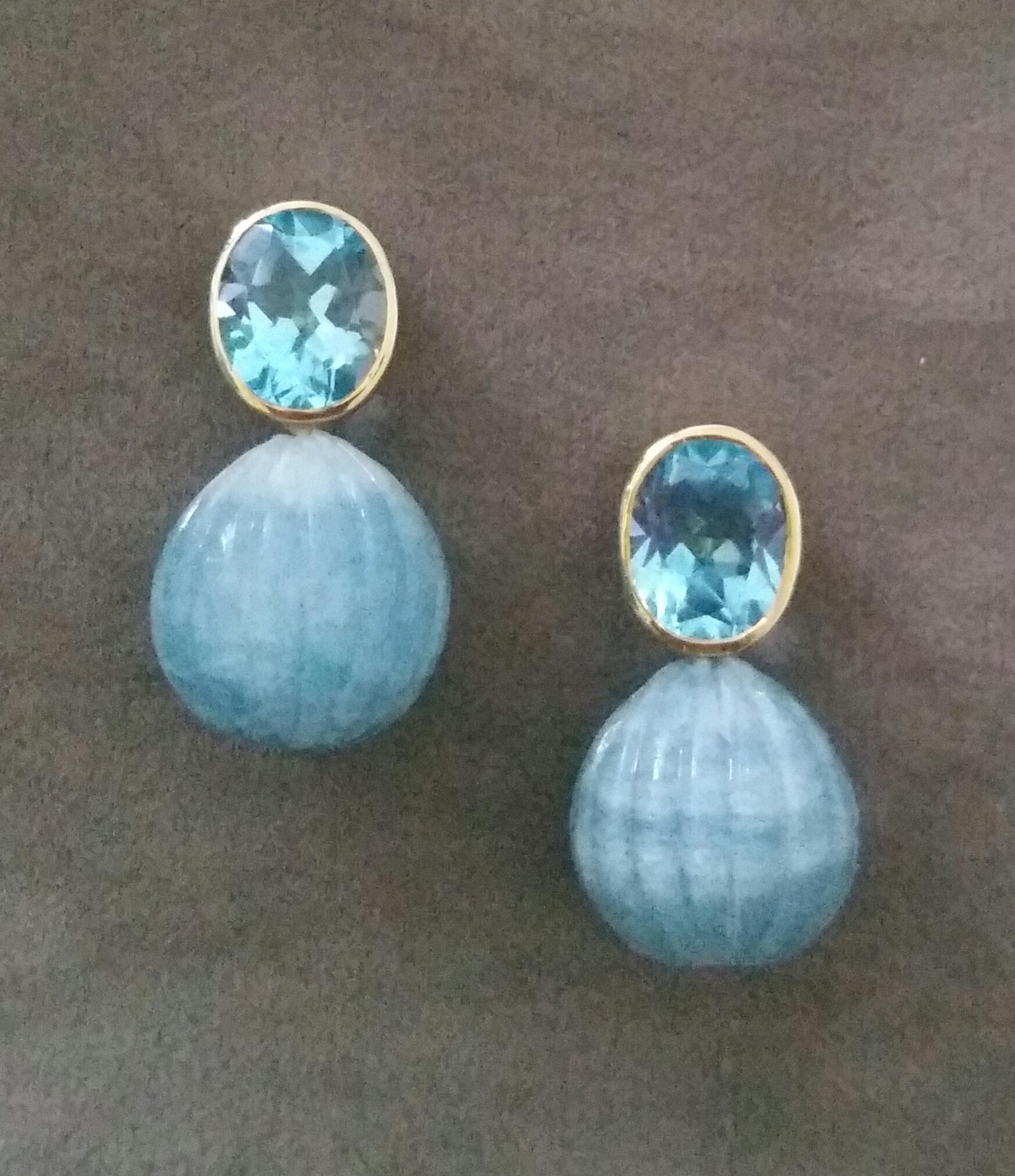 Mixed Cut Oval Faceted Sky Blue Topaz Gold Aquamarine Engraved Round Drops Stud Earrings For Sale