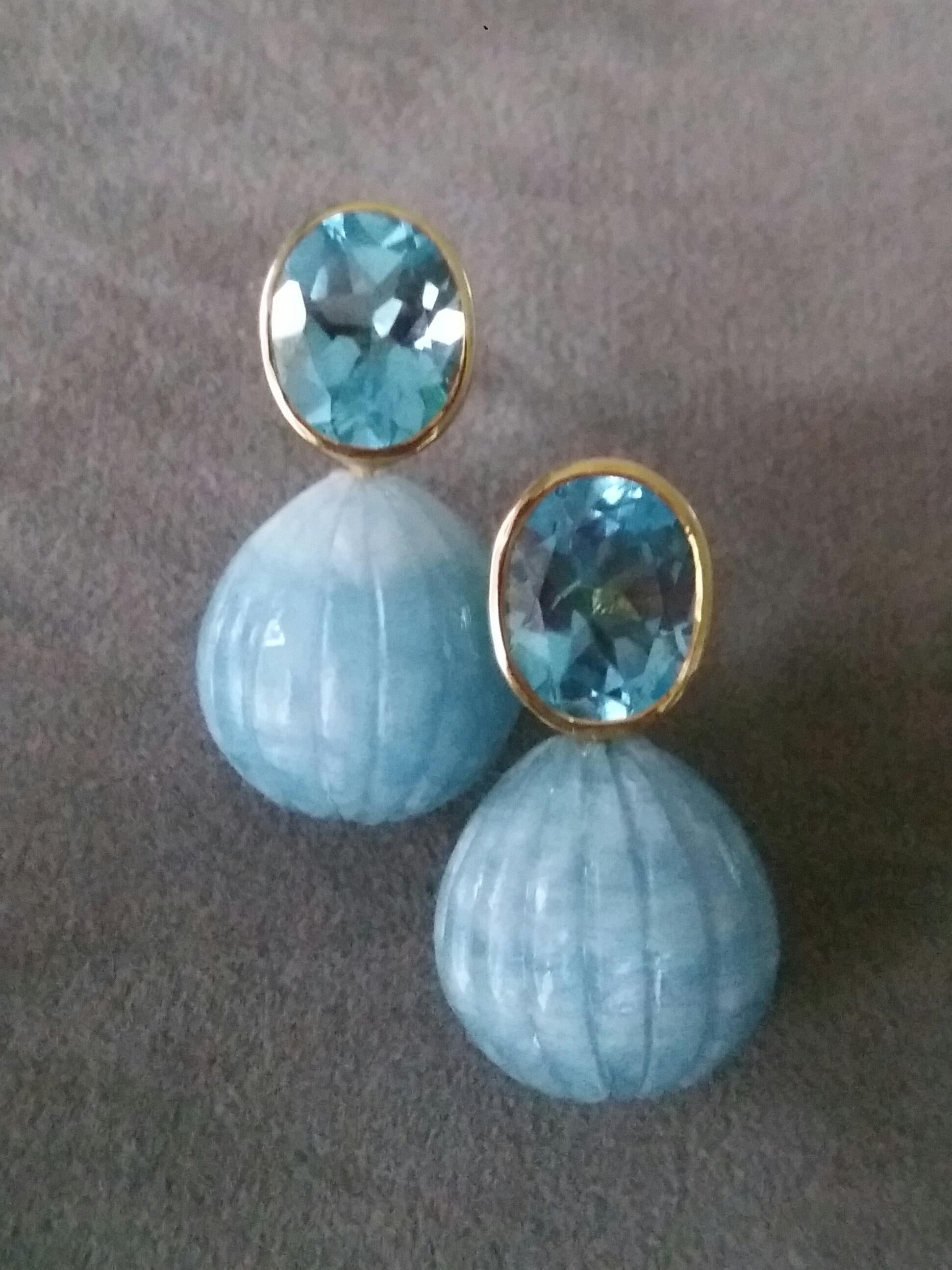 Oval Faceted Sky Blue Topaz Gold Aquamarine Engraved Round Drops Stud Earrings For Sale 2