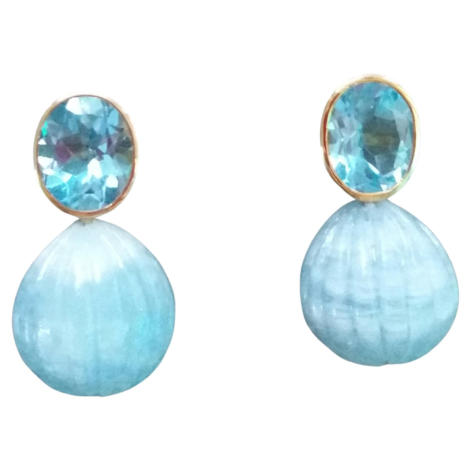 Oval Faceted Sky Blue Topaz Gold Aquamarine Engraved Round Drops Stud Earrings For Sale