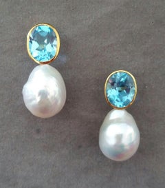 Oval Faceted Sky Blue Topaz Gold White Pear Shape Baroque Pearls Stud Earrings