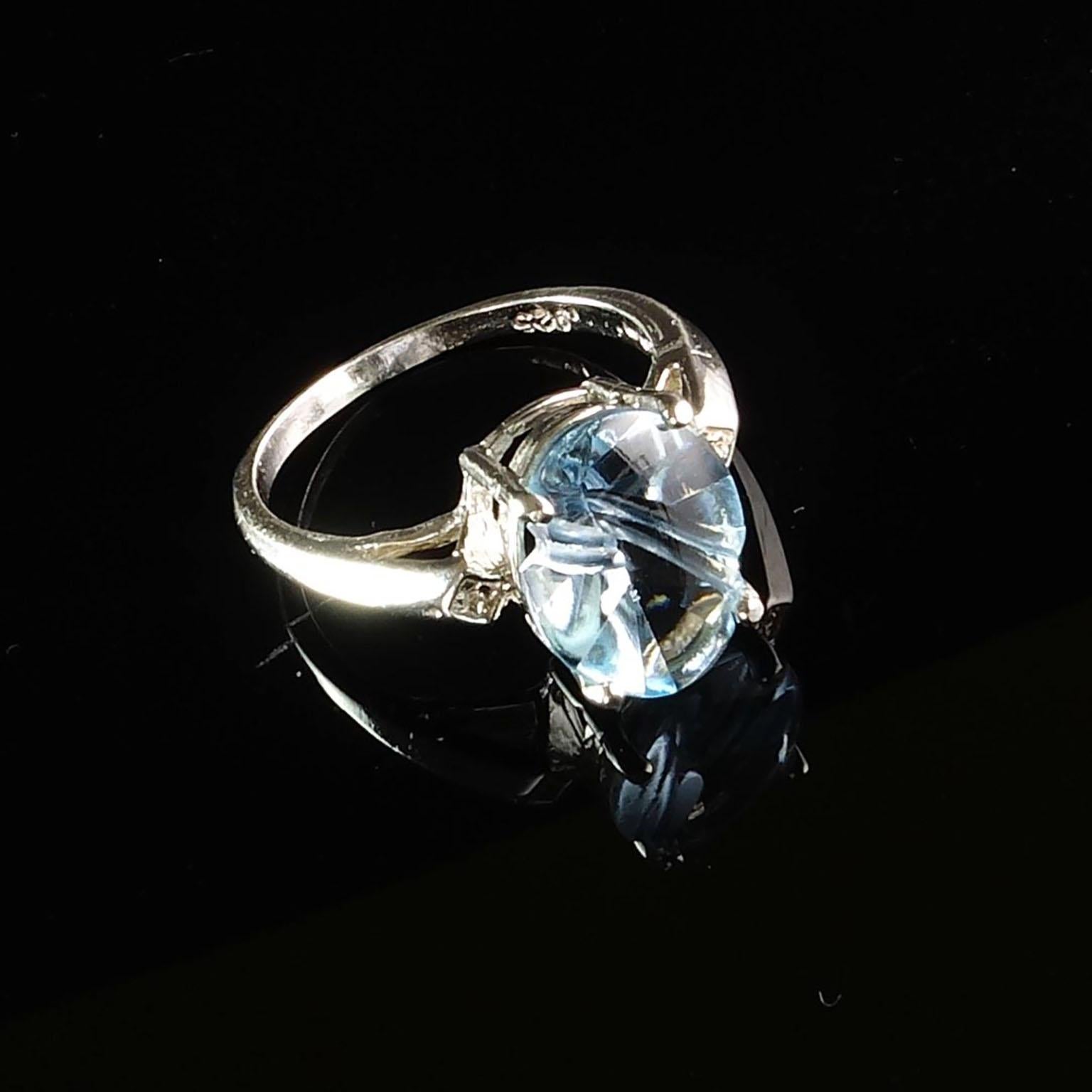 Oval Fantasy Cut Blue Topaz Set in Sterling Silver Ring In New Condition In Raleigh, NC