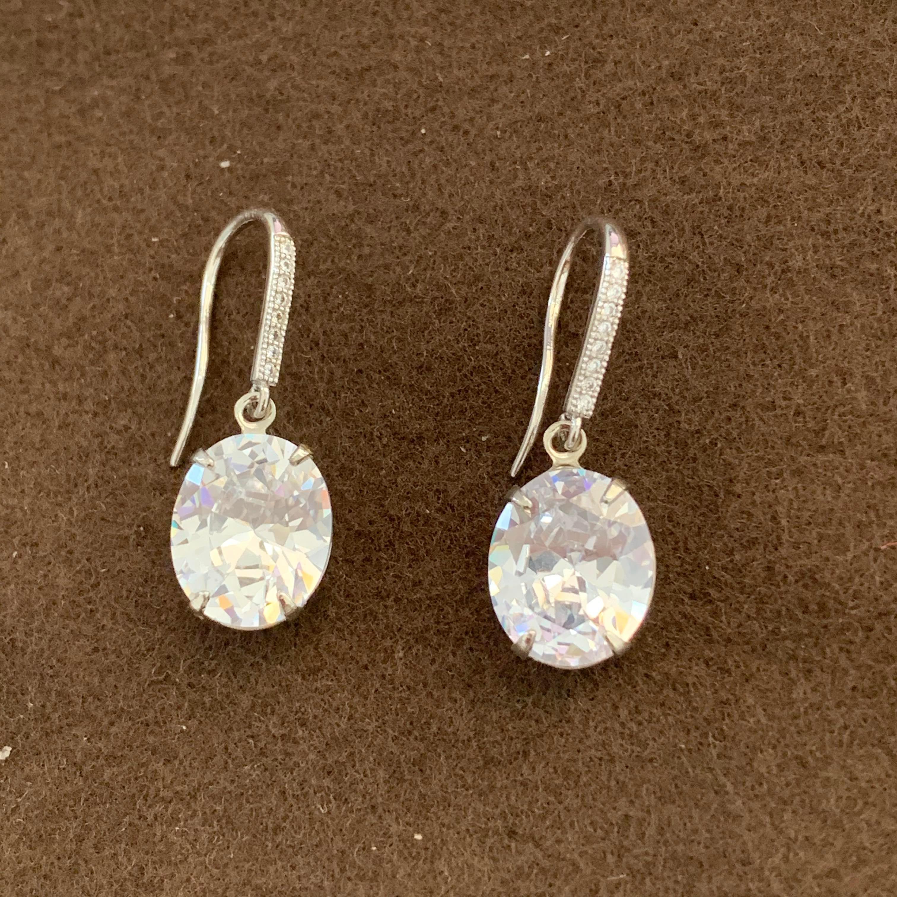 Women's Oval Faux Diamond on micropave sterling silver hook earrings