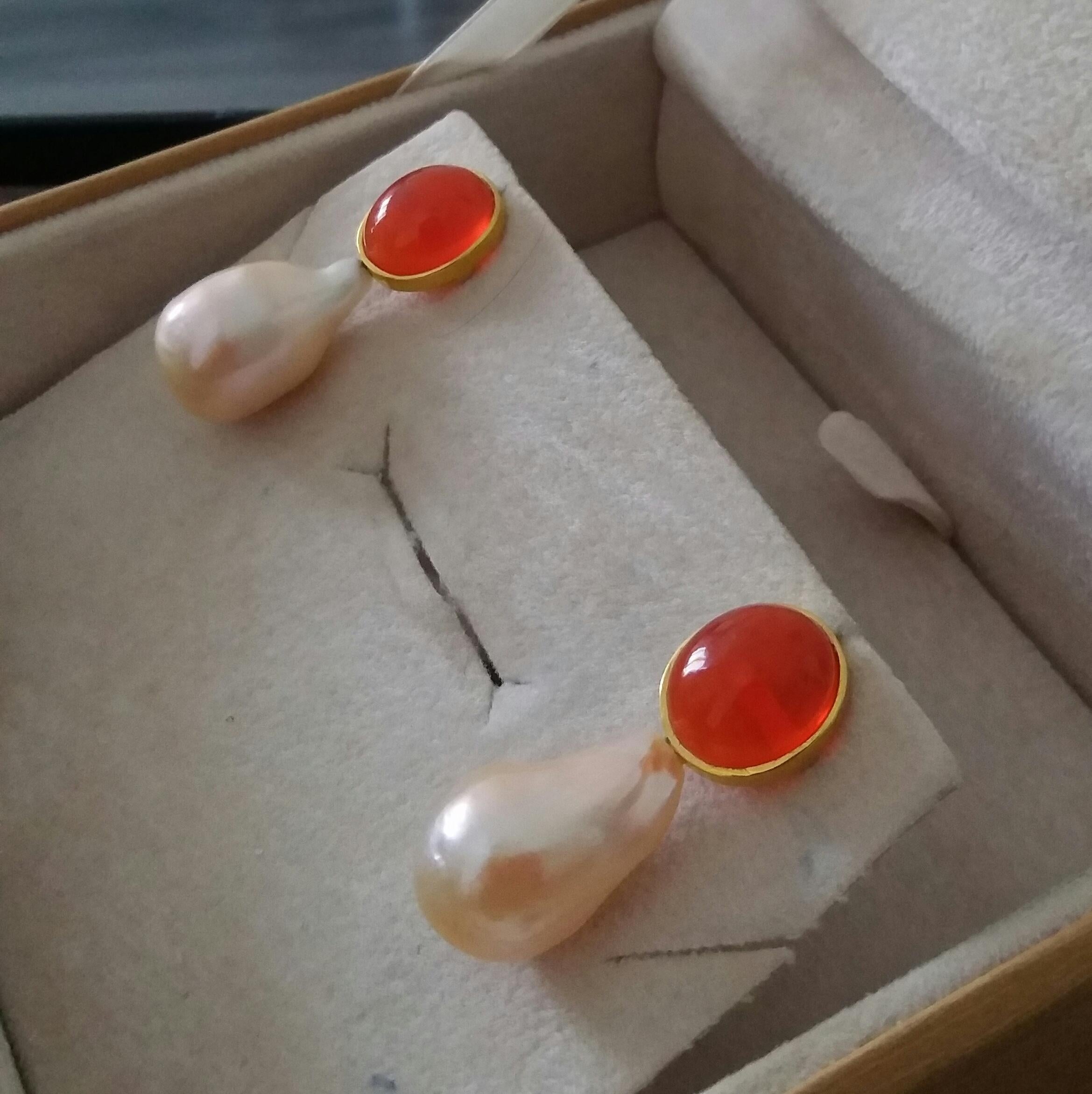 Women's Oval Fire Opal Cabochons Cream Color Baroque Pearls 14K Gold Bezel Stud Earrings For Sale