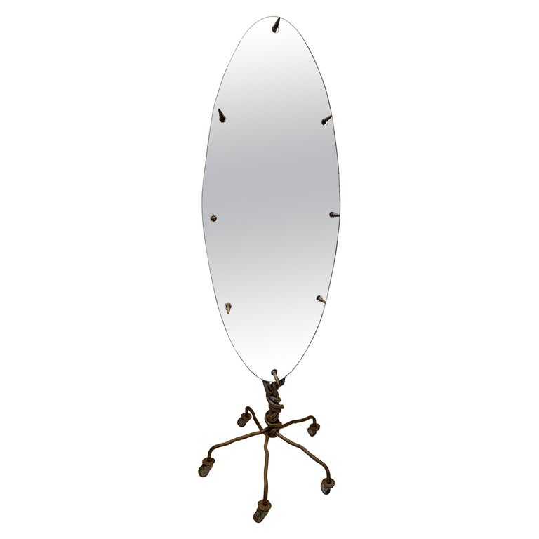 Oval Floor Mirror with Iron Branch Detail on Casters For Sale at 1stDibs