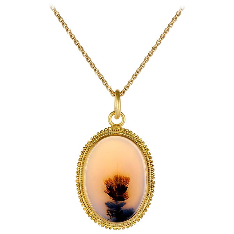 Oval Floral Dendritic Agate Yellow Gold Granulation Yellow Gold Pendant ...