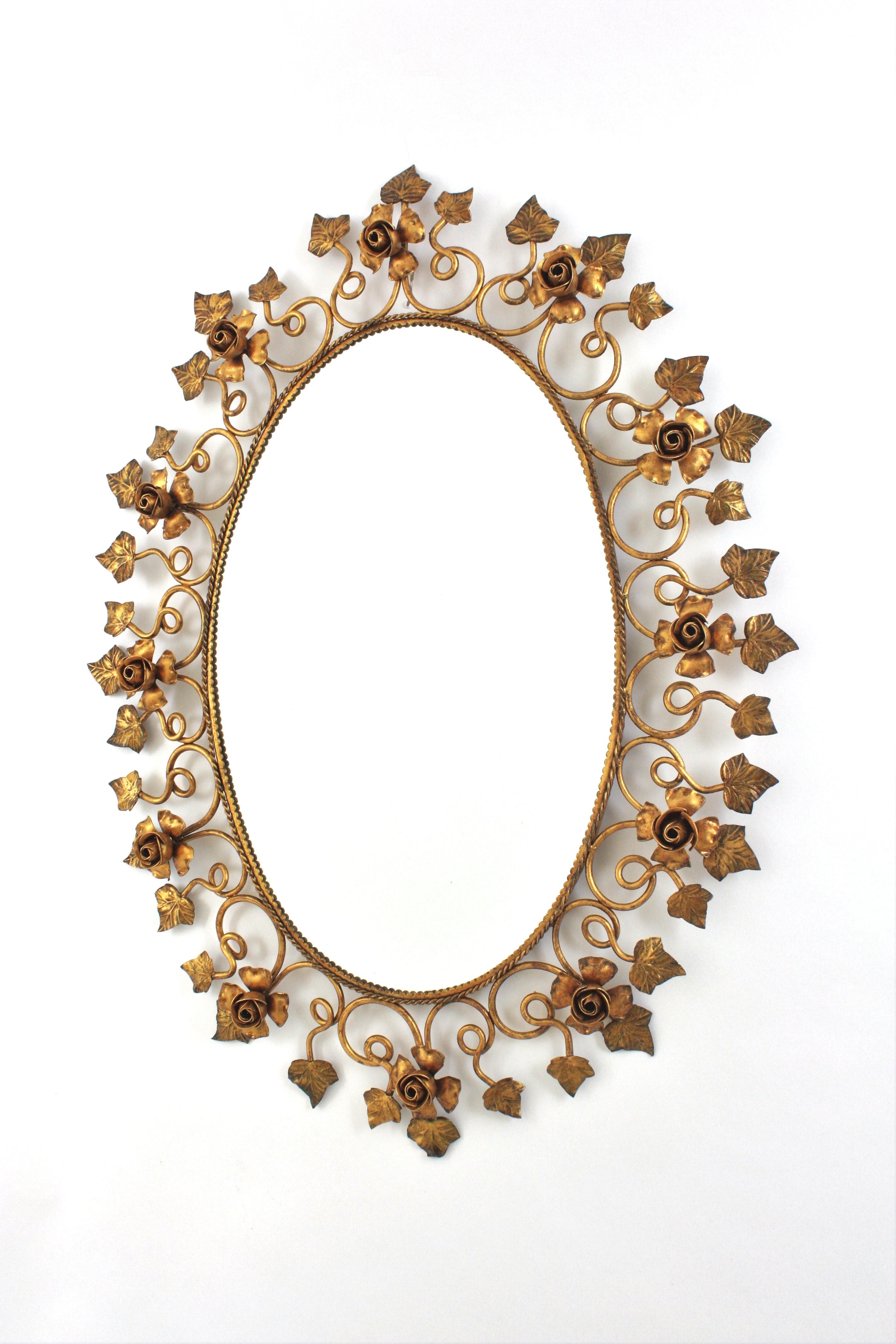 Oval Floral Foliage Large Wall Mirror in Gilt Metal, Hollywood Regency For Sale 4