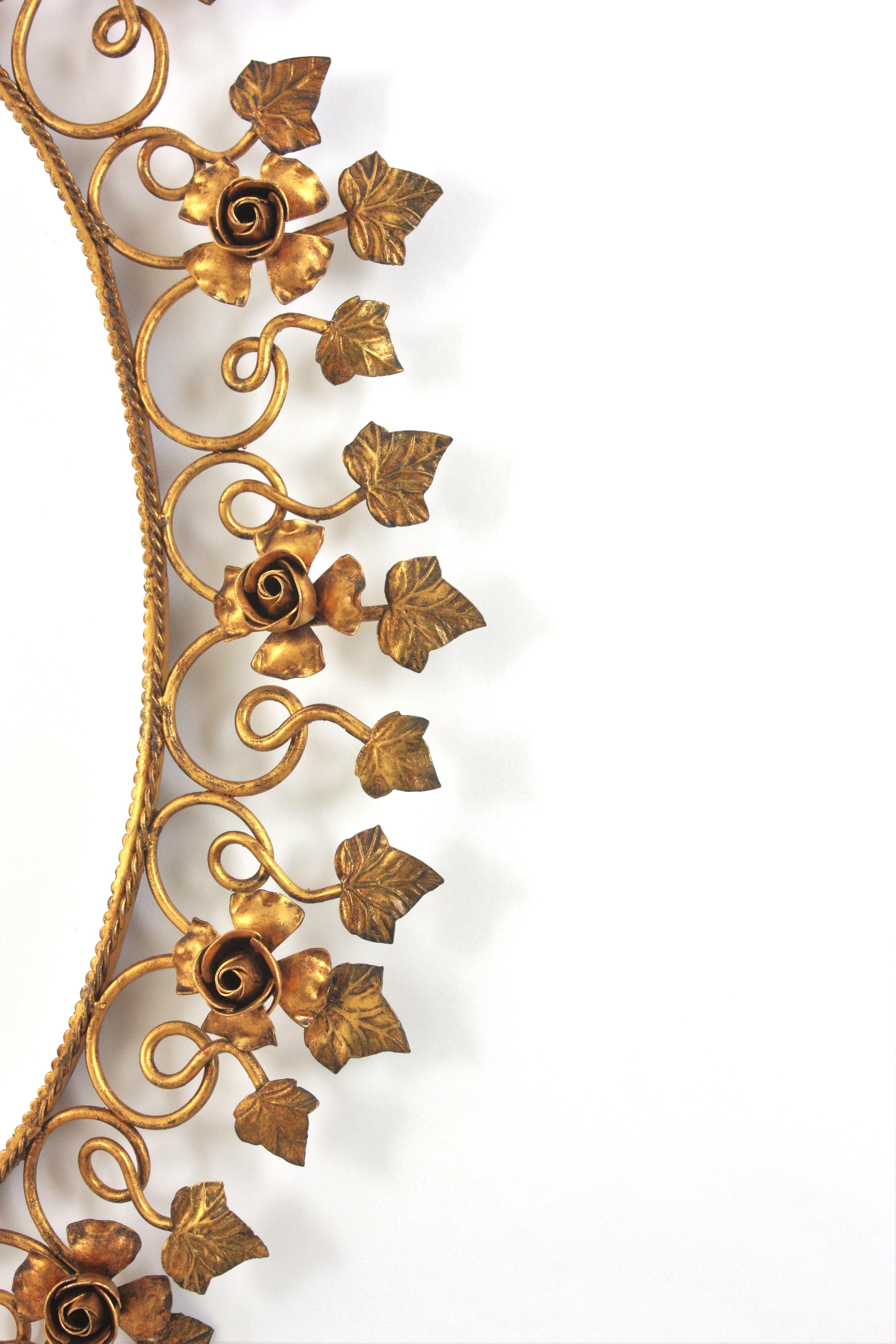 Oval Floral Foliage Large Wall Mirror in Gilt Metal, Hollywood Regency For Sale 5