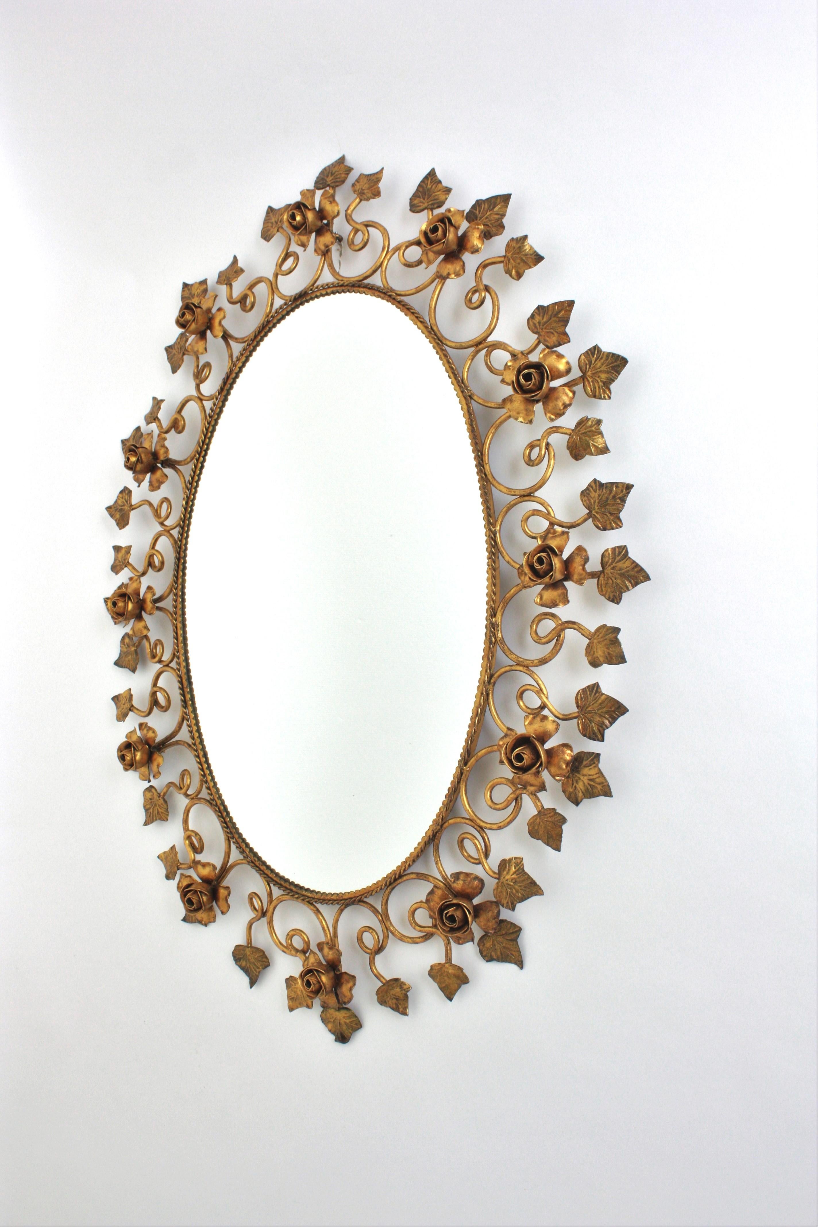 Oval Floral Foliage Large Wall Mirror in Gilt Metal, Hollywood Regency For Sale 6