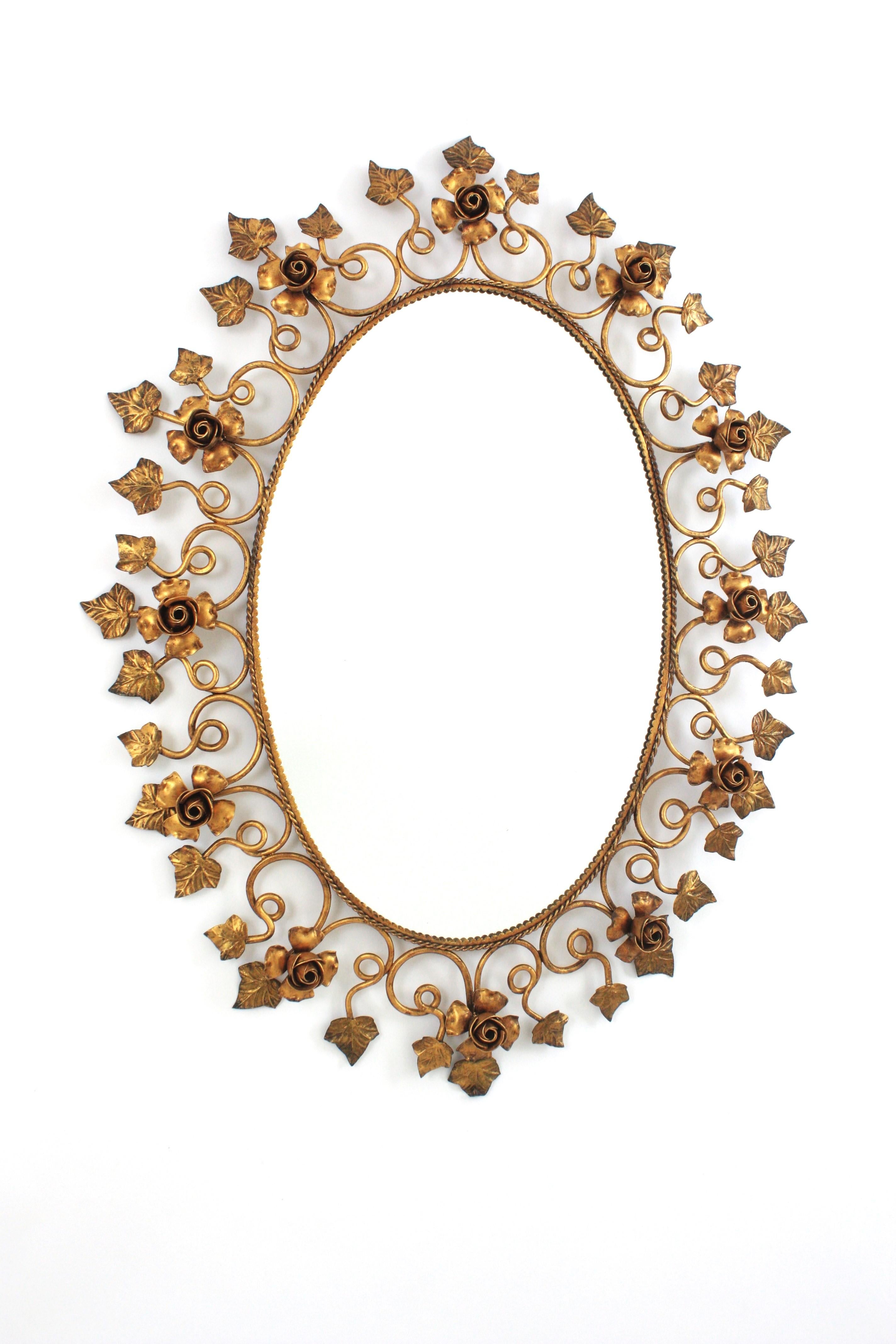 Oval Floral Foliage Large Wall Mirror in Gilt Metal, Hollywood Regency For Sale 7