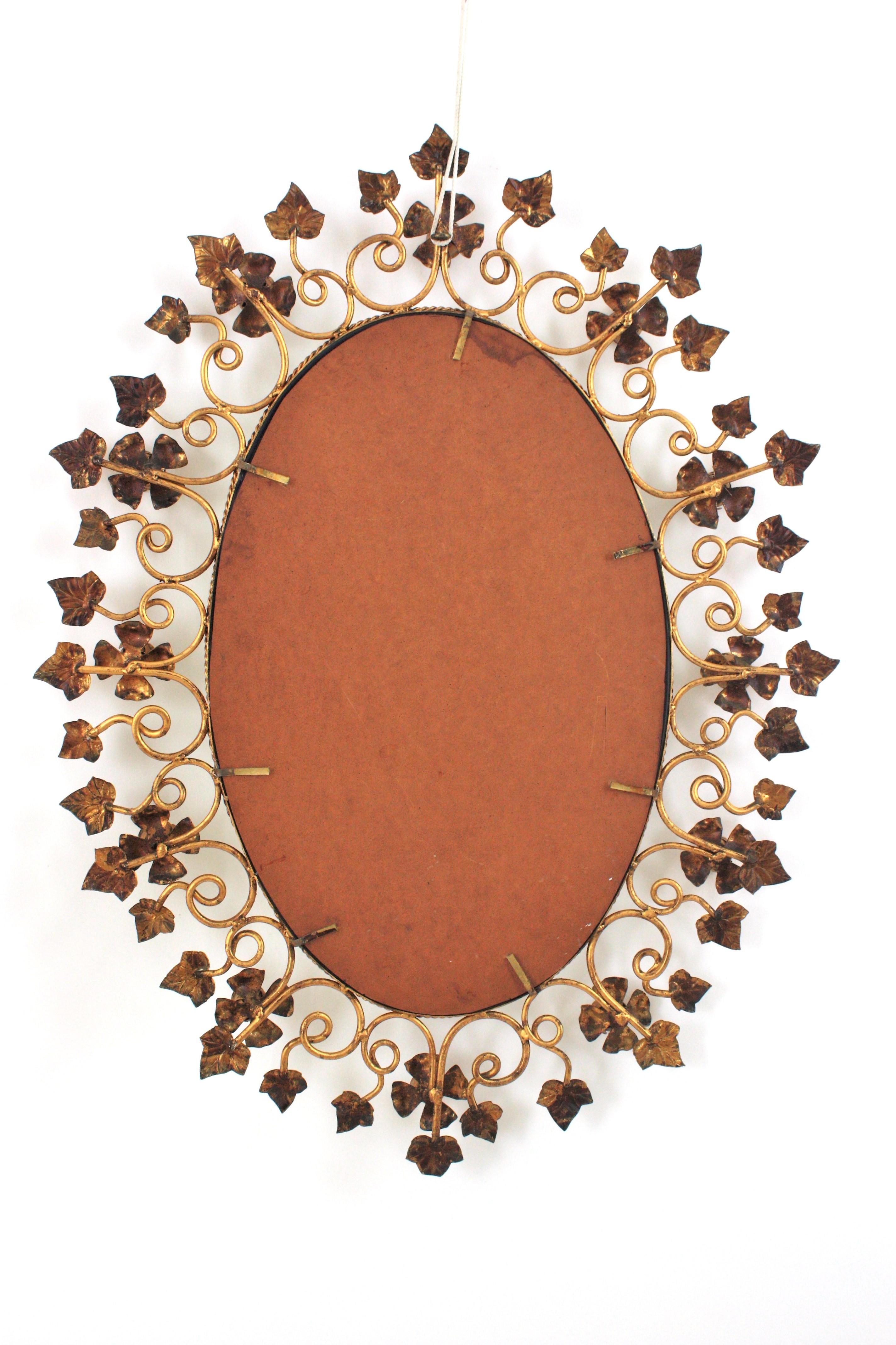 Oval Floral Foliage Large Wall Mirror in Gilt Metal, Hollywood Regency For Sale 8