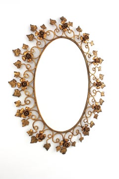 Oval Floral Foliage Large Wall Mirror in Gilt Metal, Hollywood Regency