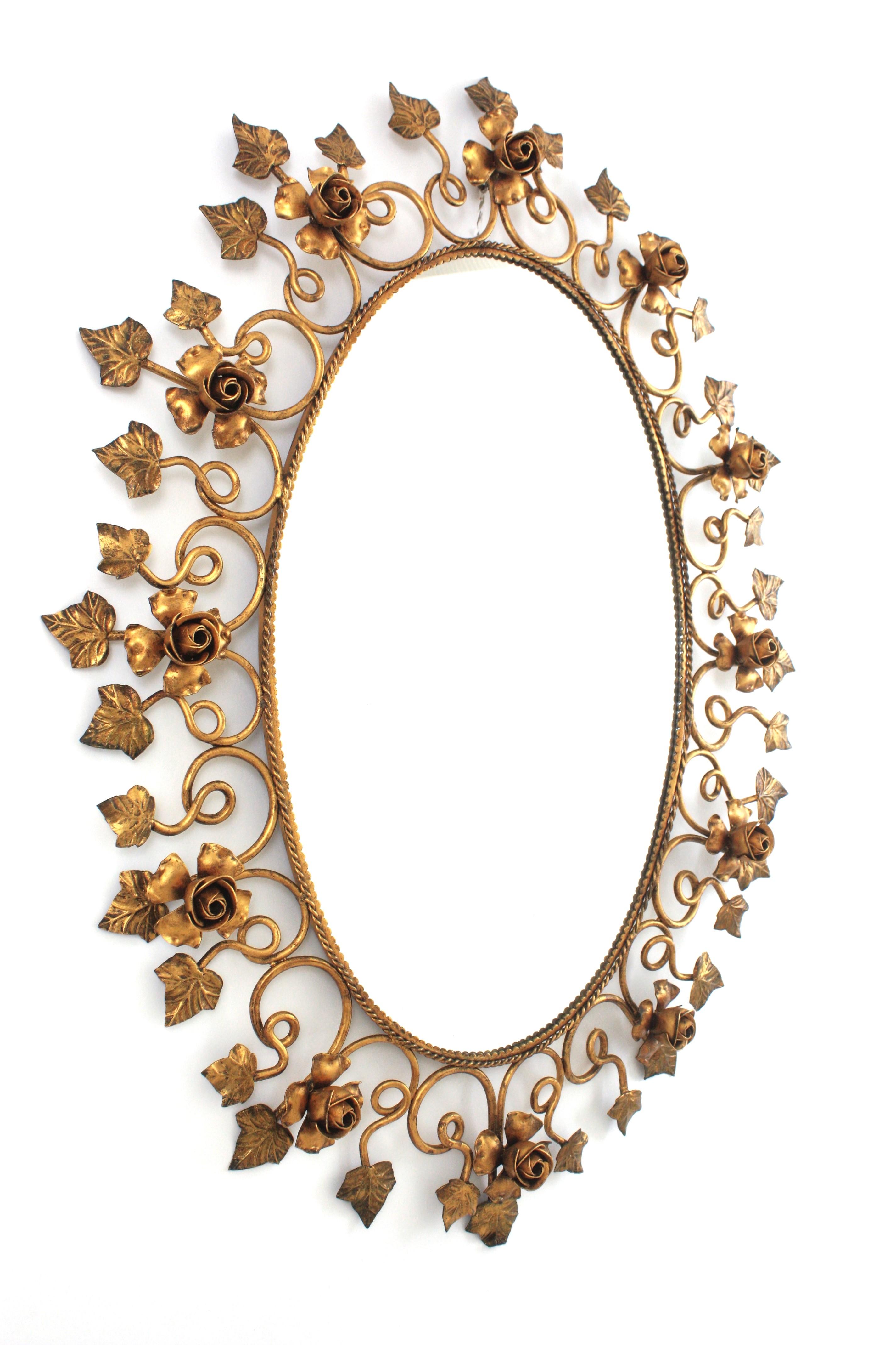 Spanish Oval Floral Foliage Large Wall Mirror in Gilt Metal, Hollywood Regency For Sale