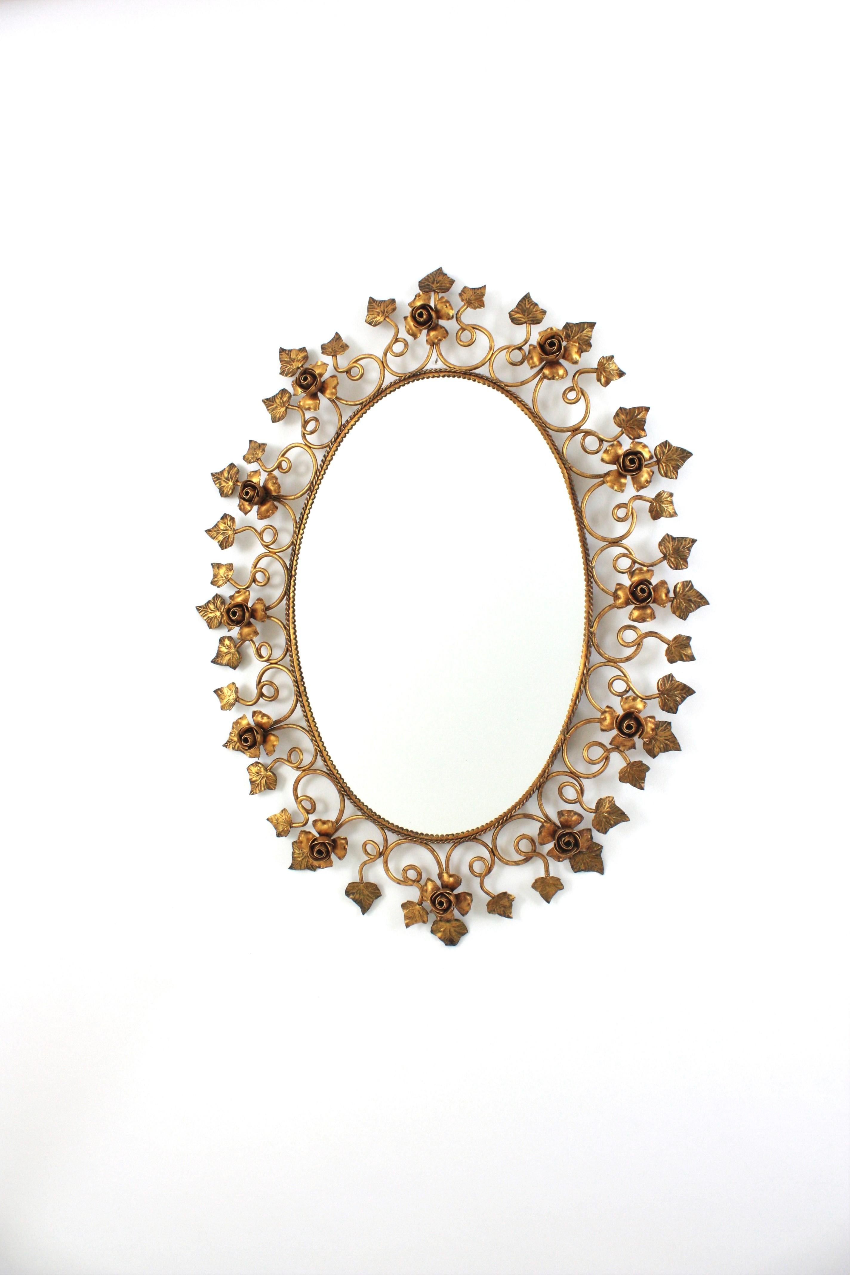 Oval Floral Foliage Large Wall Mirror in Gilt Metal, Hollywood Regency For Sale 3