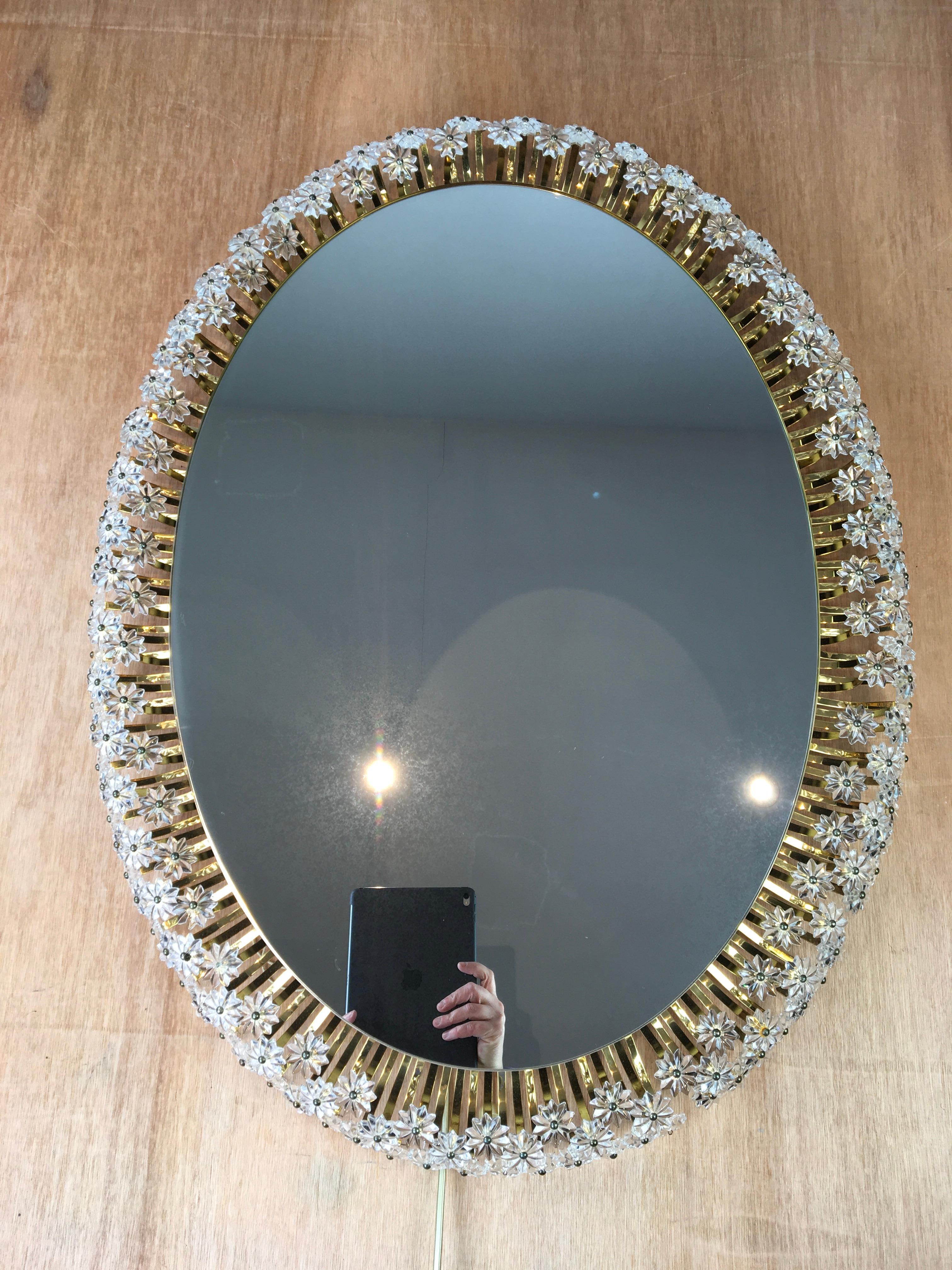 Mid-Century Modern Oval Floral Illuminated Mirror by Emil Stejnar for Rupert Nikoll, Austria