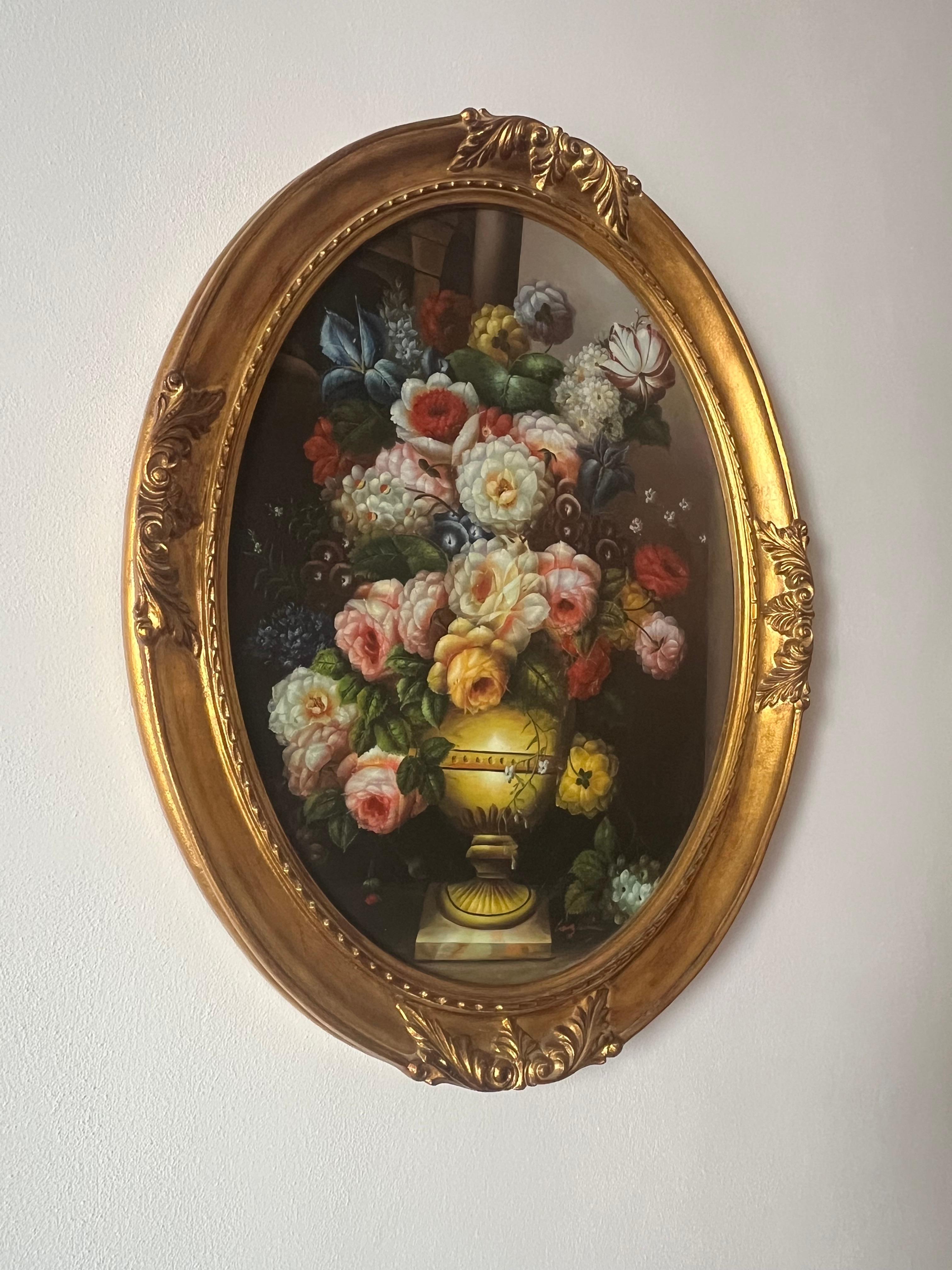 Oval floral painting, oil on canvas, 1980s
Found in an apartment in my hometown, Palermo.
Beechwood frame with gold leaf.