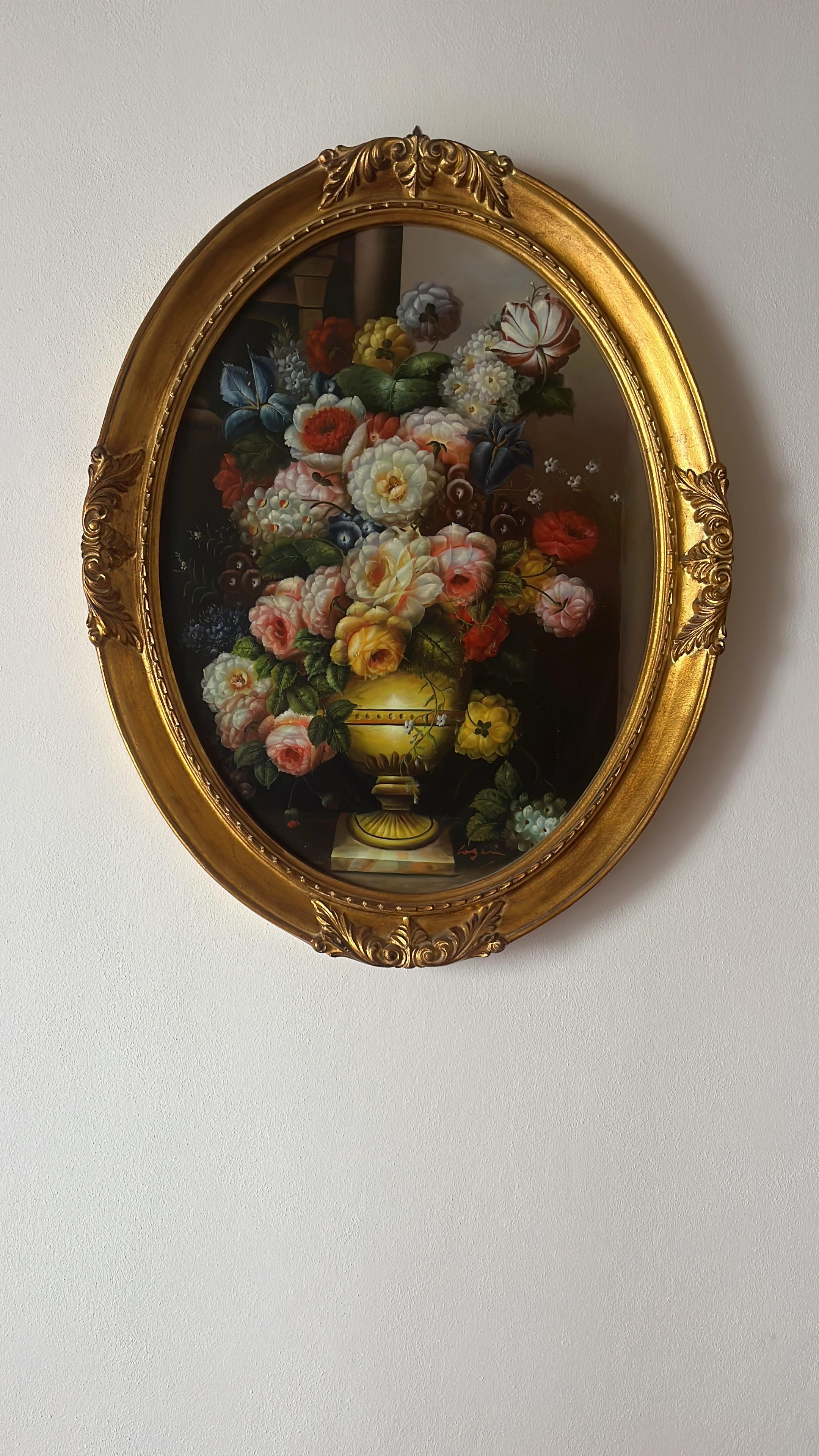 Oval floral painting, oil on canvas, 1980s For Sale 1