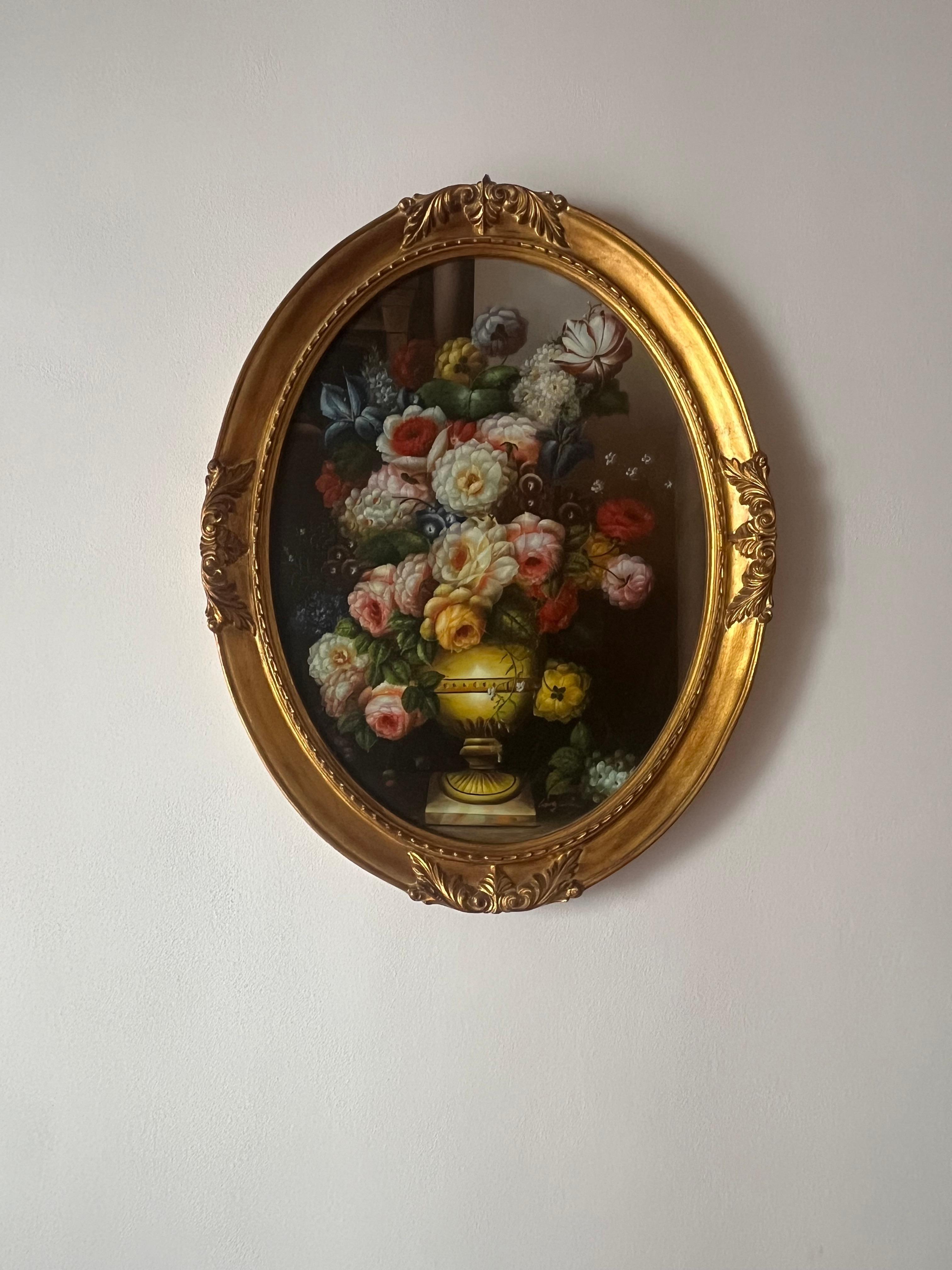Oval floral painting, oil on canvas, 1980s For Sale 2