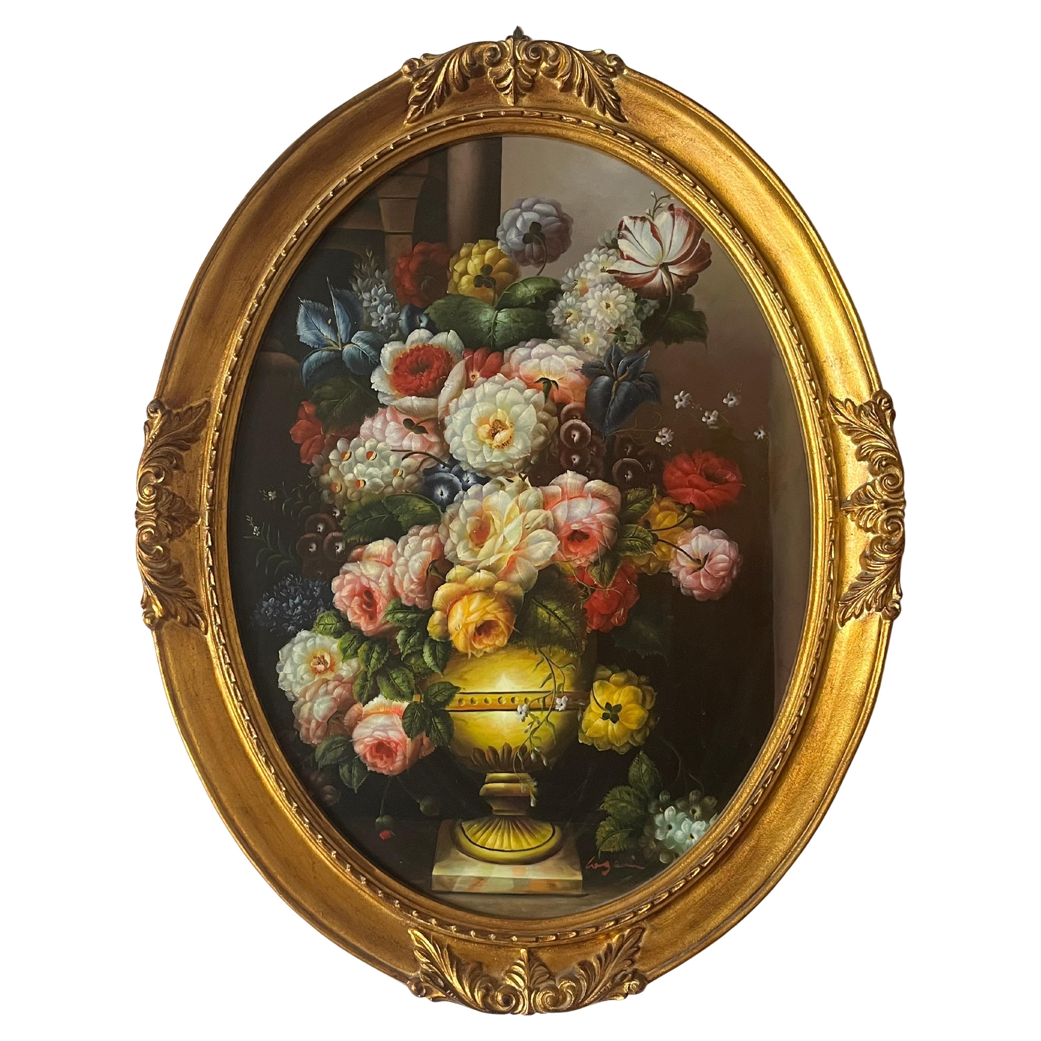 Oval floral painting, oil on canvas, 1980s For Sale