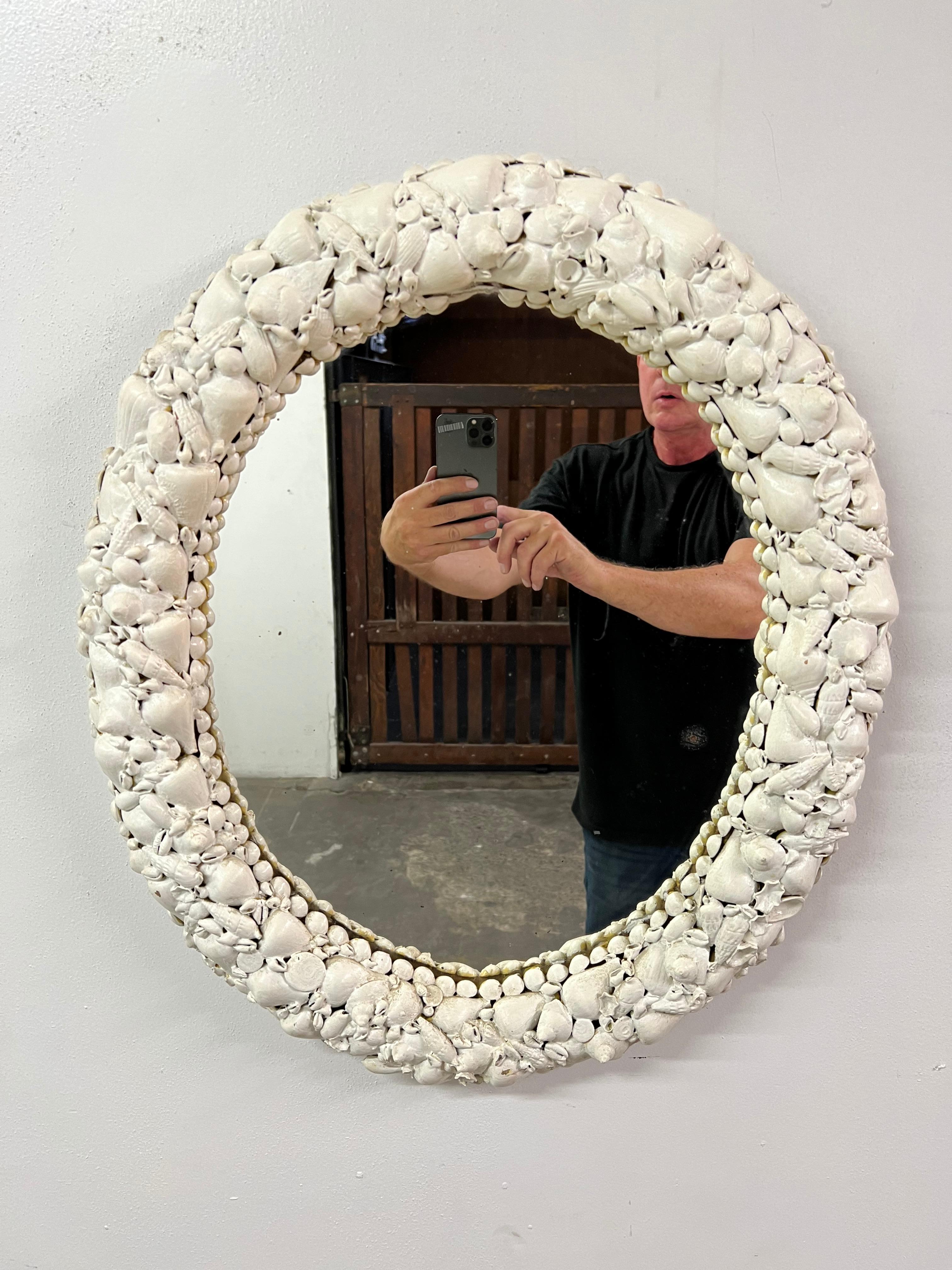 Hand-Crafted Oval Folk Art Shell Mirror For Sale