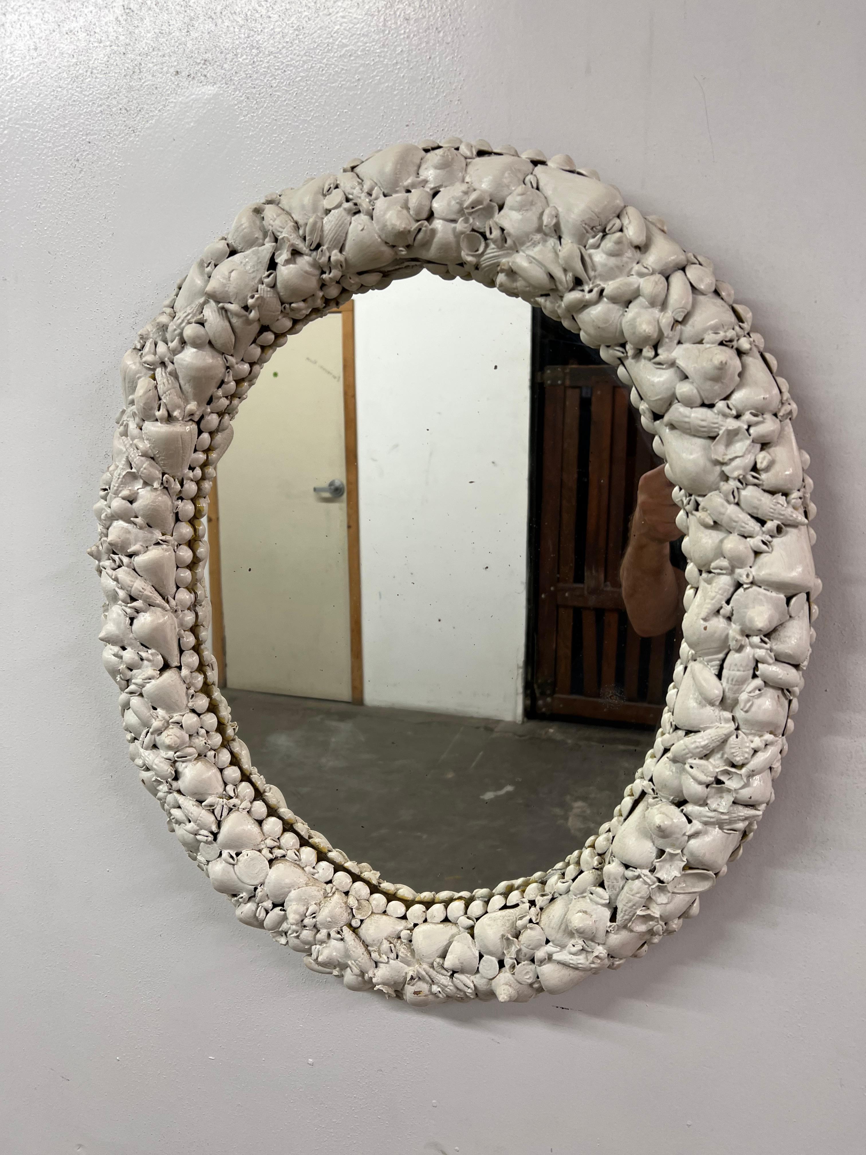Oval Folk Art Shell Mirror For Sale 1