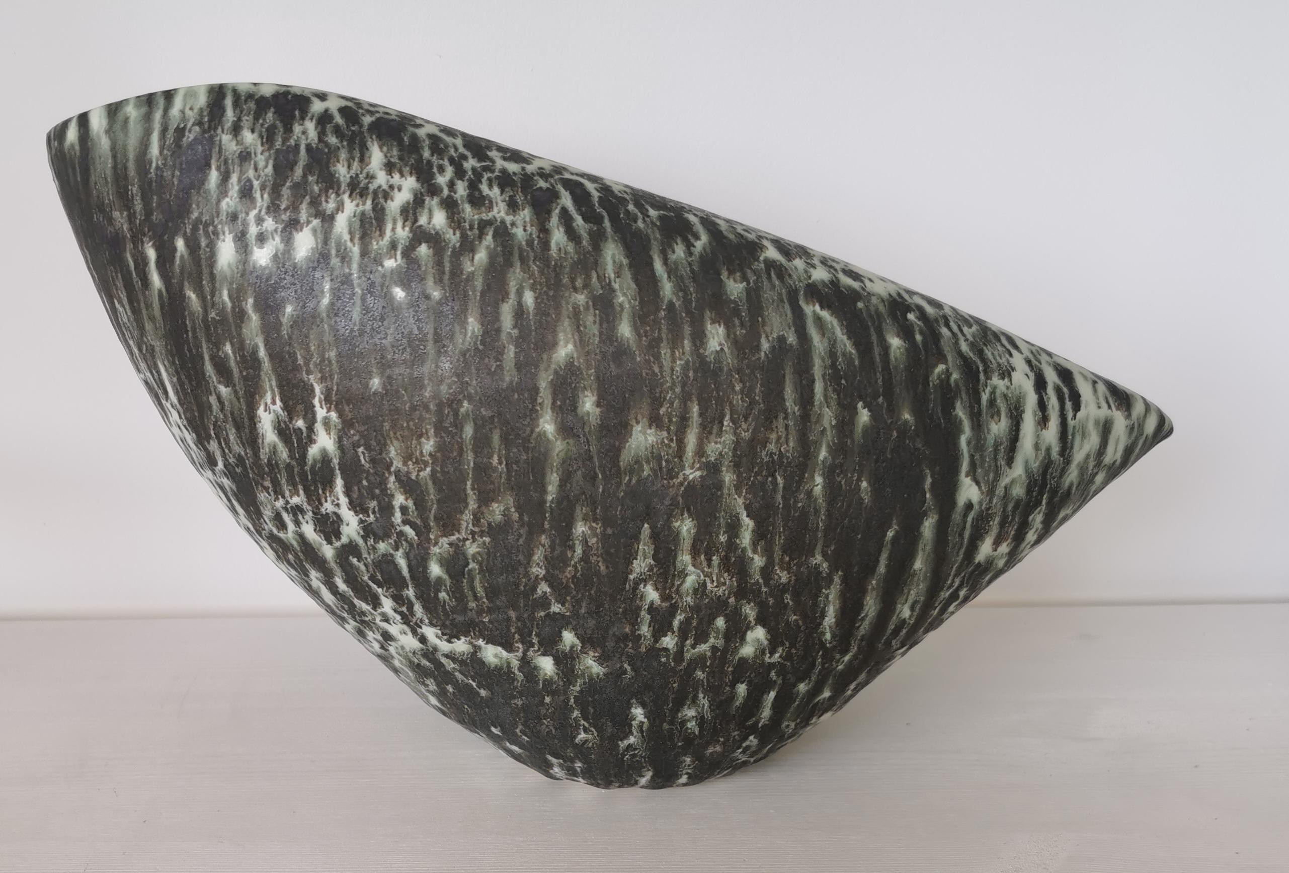 Organic Modern Oval Form with Green and Black Speckled Glaze, Vessel No.98, Ceramic Sculpture For Sale