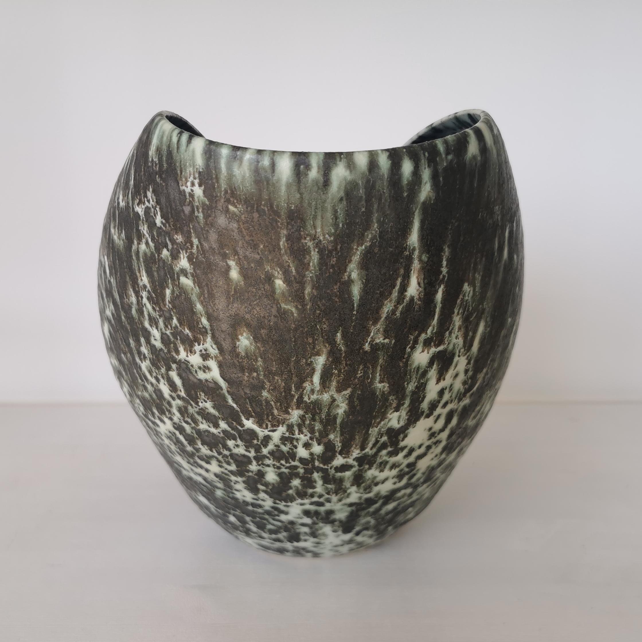 Spanish Oval Form with Green and Black Speckled Glaze, Vessel No.98, Ceramic Sculpture For Sale