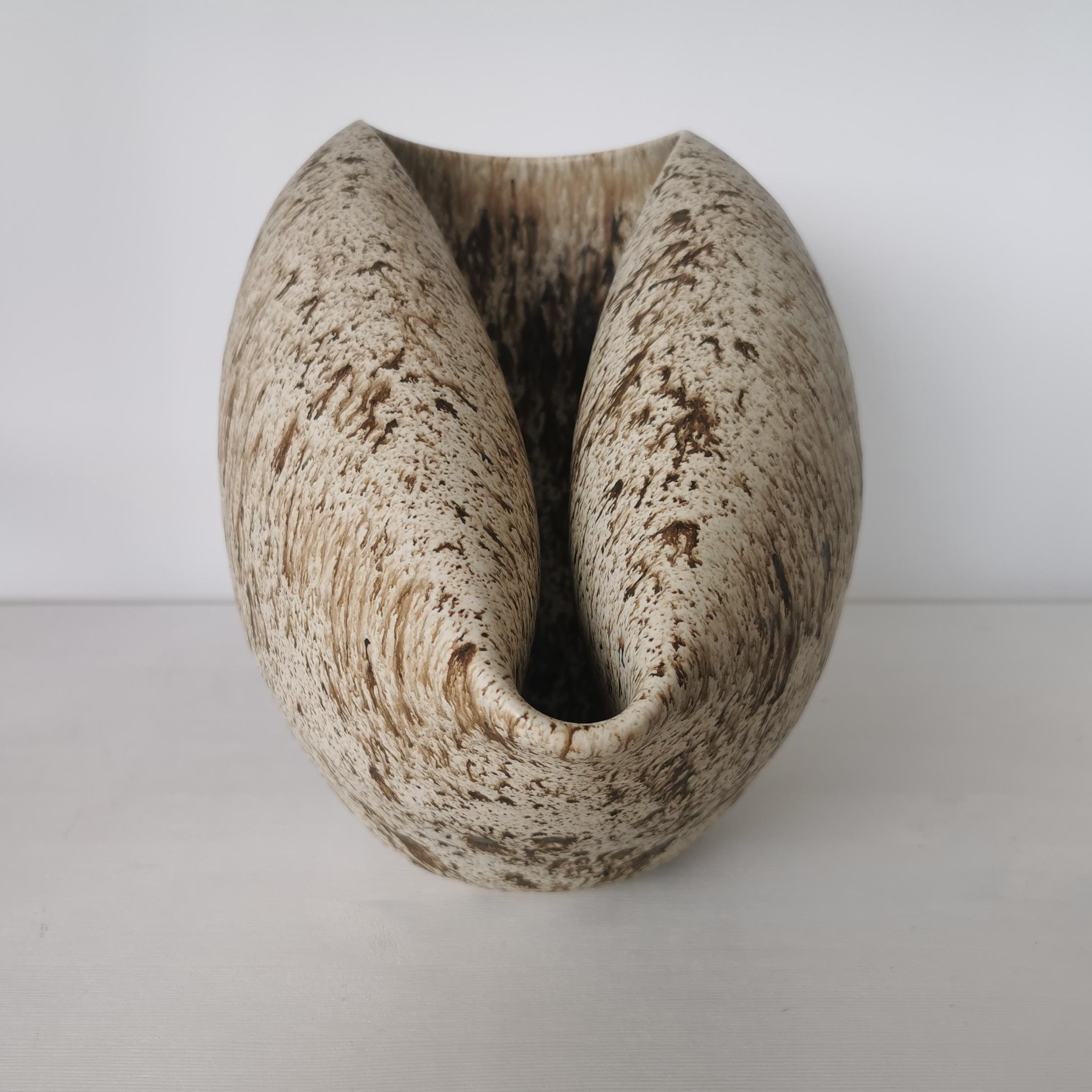 Contemporary Oval Form with White and Brown Speckled Glaze, Vessel No.99, Ceramic Sculpture For Sale