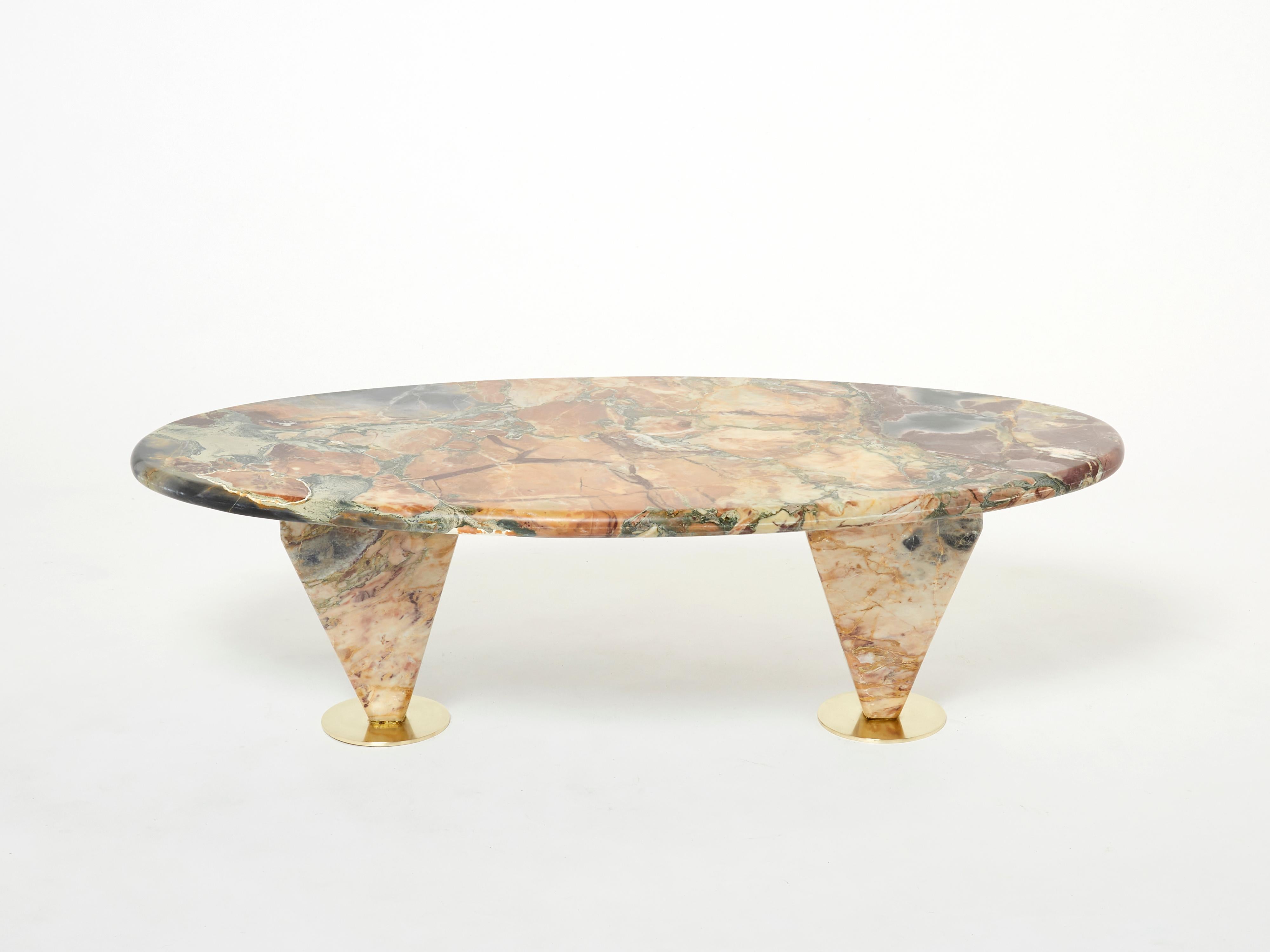 Oval Free Form Eye Breccia Benou Marble Brass Coffee Table 1980s For Sale 3