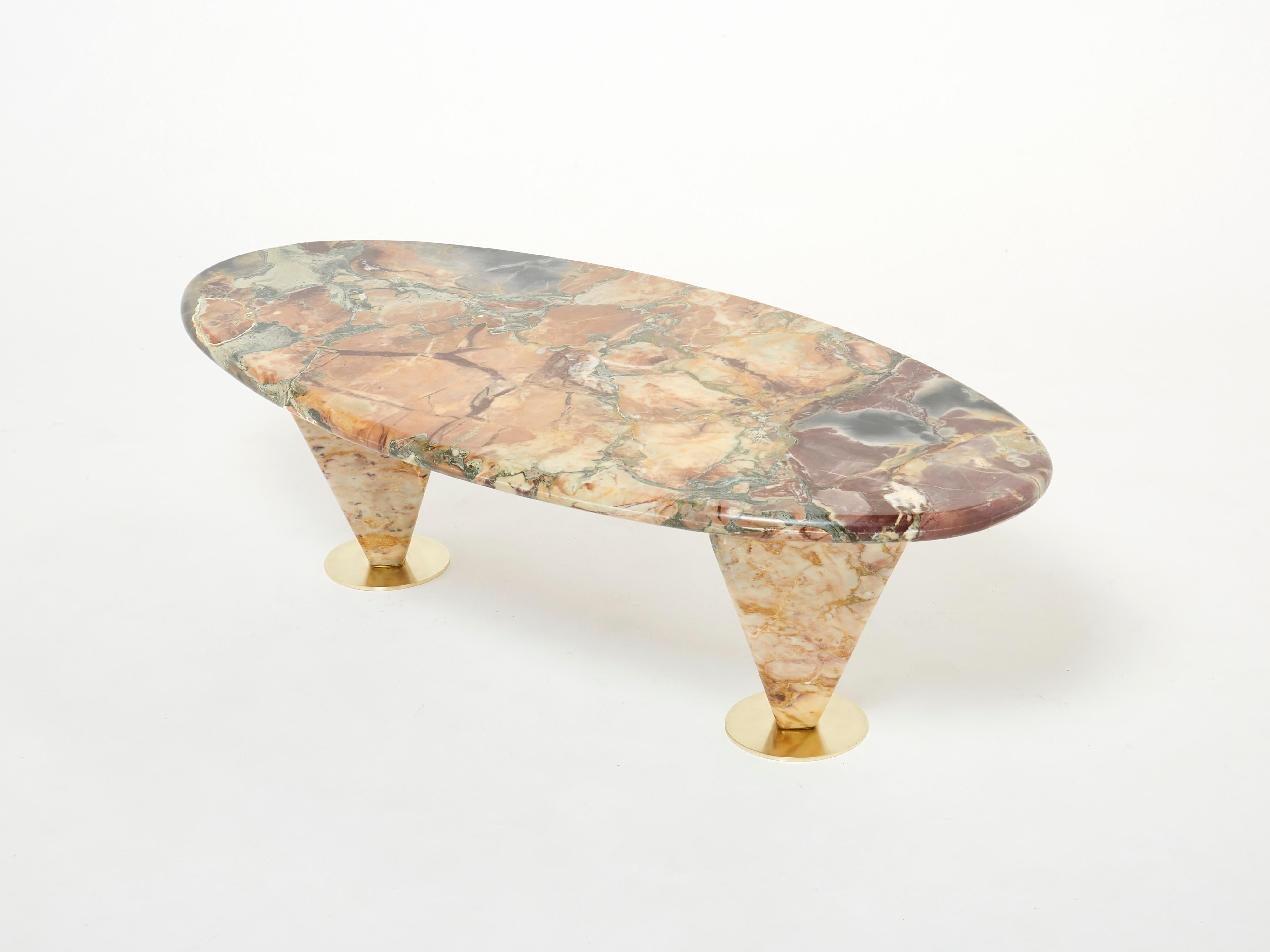 Mid-Century Modern Oval Free Form Eye Breccia Benou Marble Brass Coffee Table 1980s For Sale