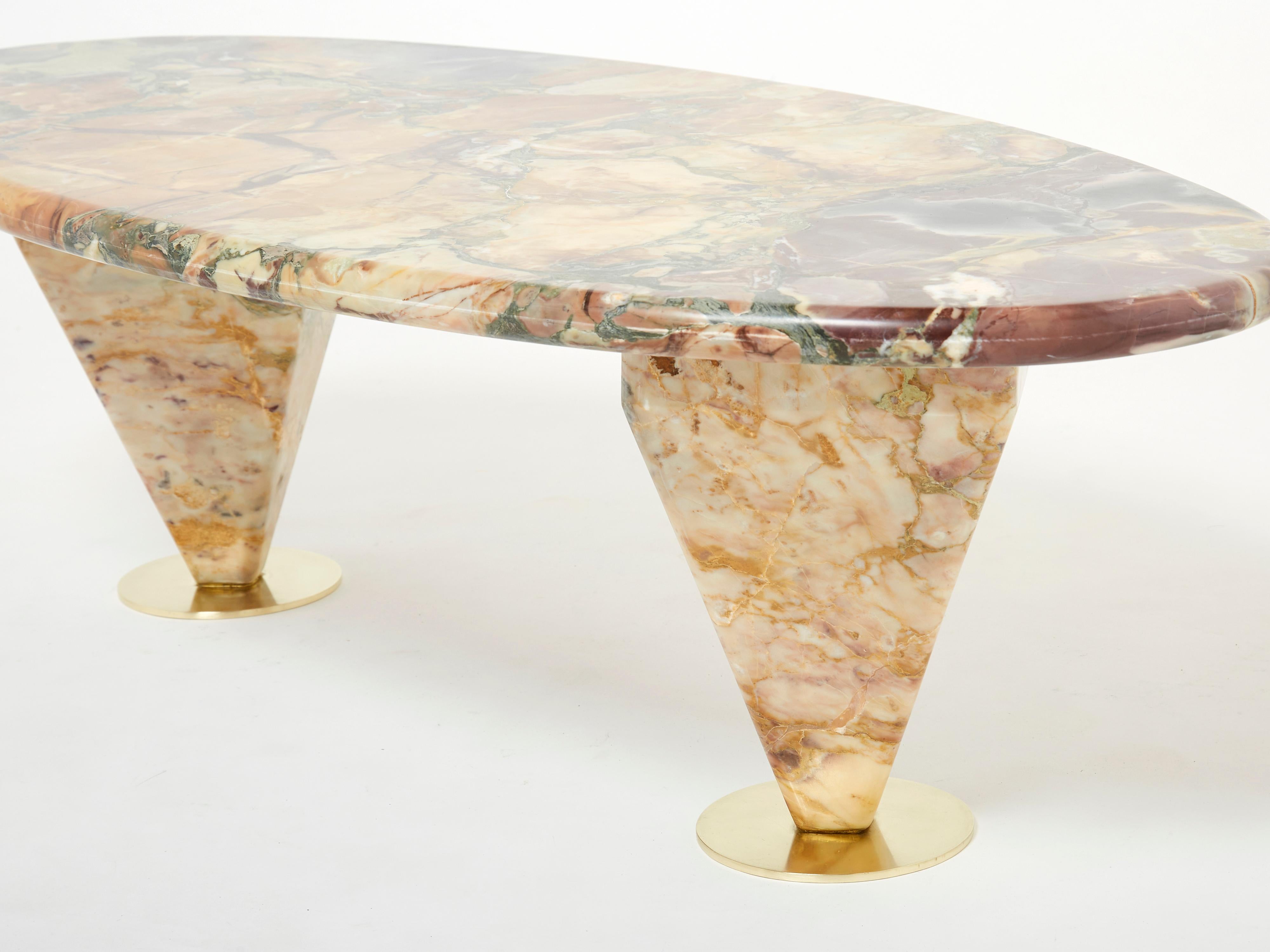 French Oval Free Form Eye Breccia Benou Marble Brass Coffee Table 1980s For Sale